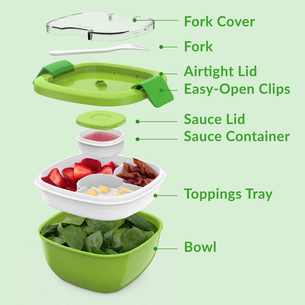 Bentgo® Salad Container (2-Pack) - Green | Includes Fork Cover, Fork, Airtight Lid, Easy-Open Clips, Sauce Lid, Sauce Container, Toppings Tray, And Bowl