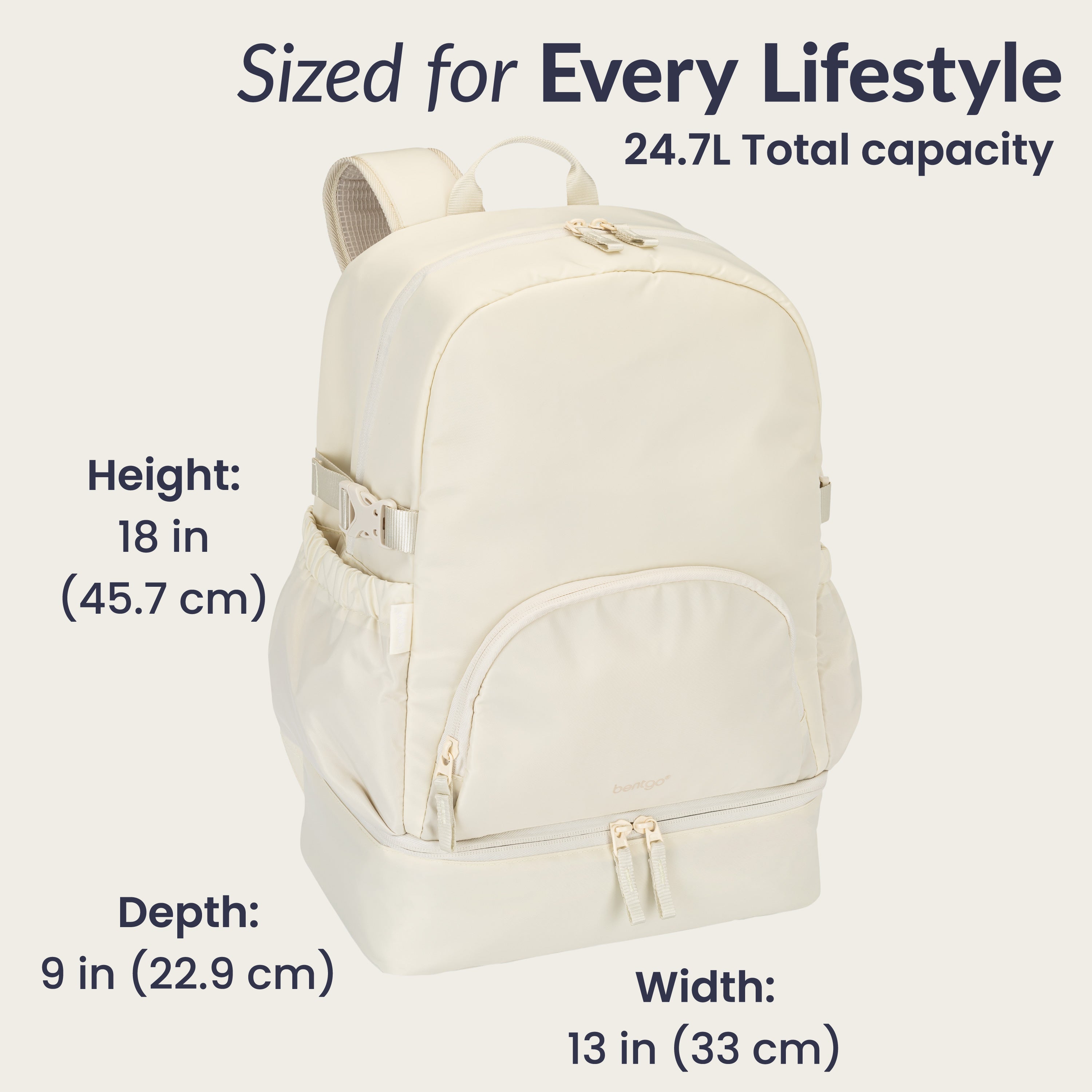 Bentgo® 2-in-1 Backpack & Lunch Bag - Bone | Sized For Every Lifestyle - Product Dimensions