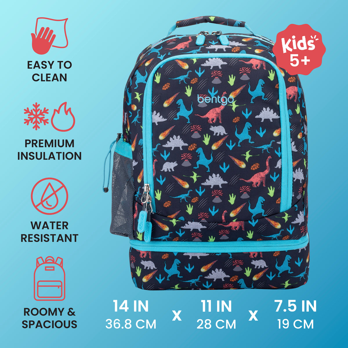 Bentgo® Kids Prints 2-in-1 Backpack & Lunch Bag - Dinosaur | Easy To Clean, Premium Insulation, Water Resistant, and Roomy & Spacious | Product Dimensions