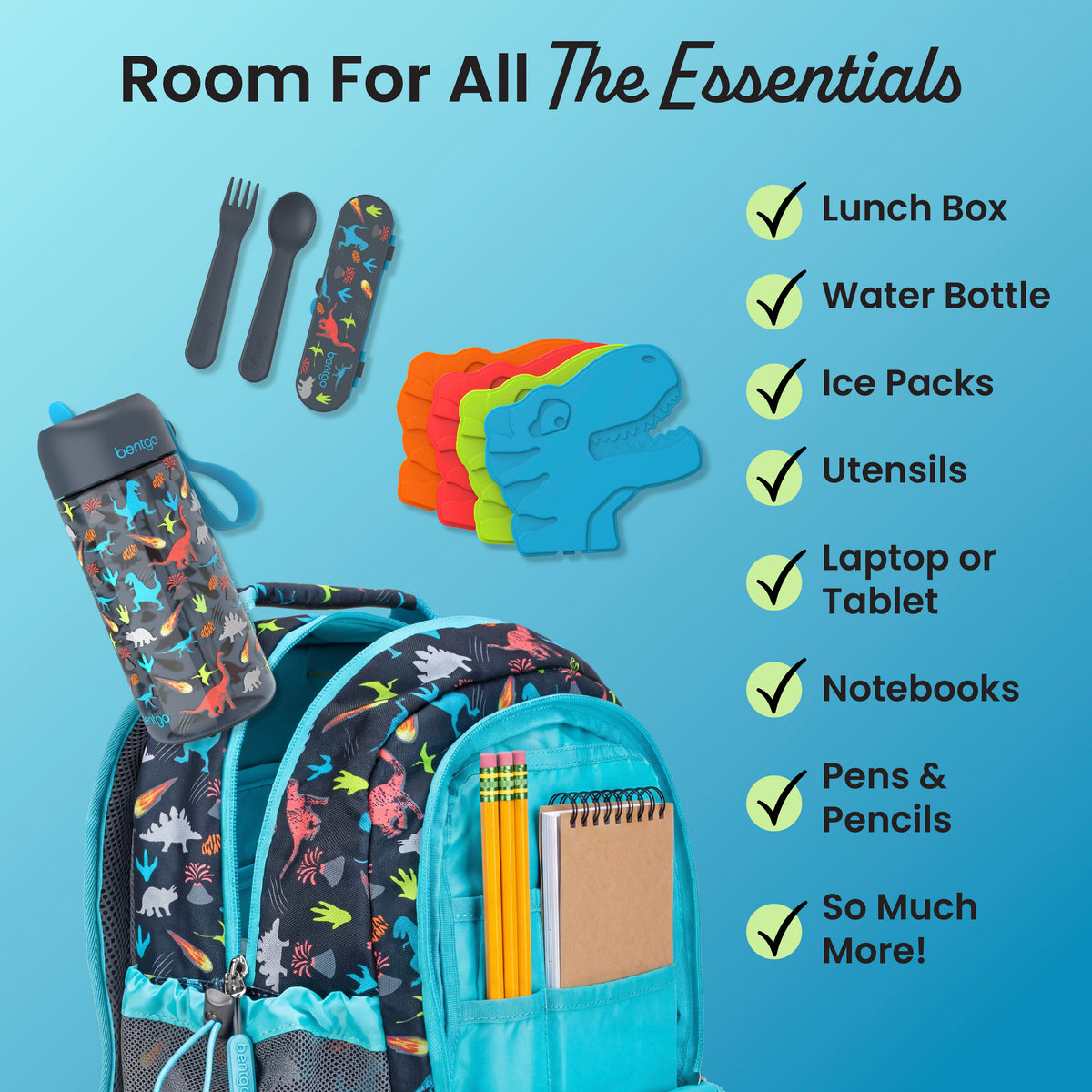 Bentgo® Kids Prints 2-in-1 Backpack & Lunch Bag - Dinosaur | Room For All The Essentials - Lunch Box, Water Bottle, Ice Packs, Utensils, Laptop or Tablet, Notebooks, Pens & Pencils, and So Much More