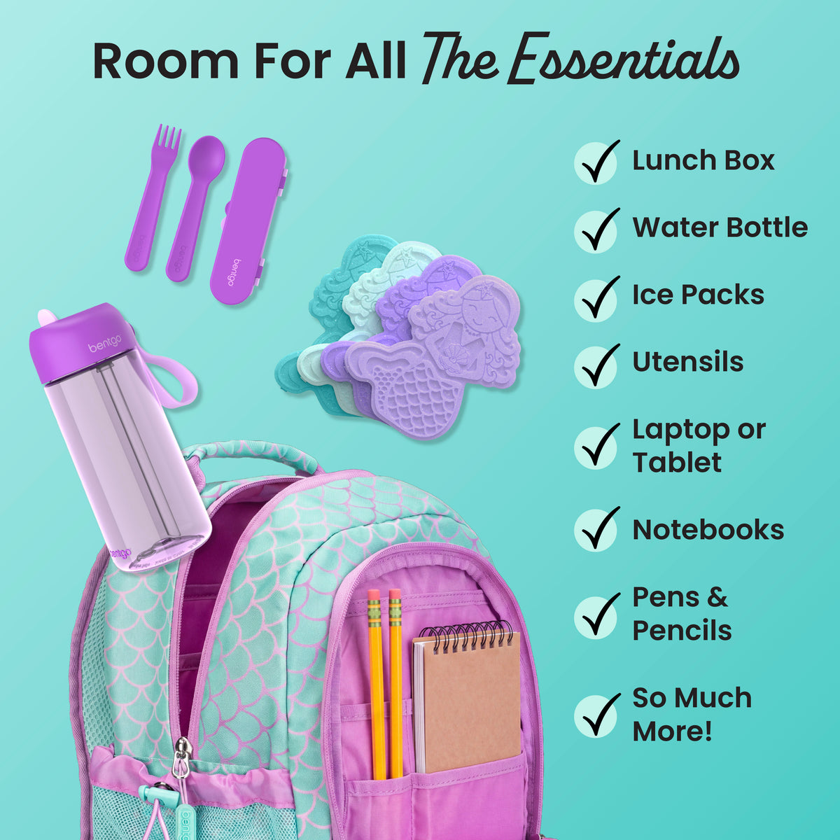 Bentgo® Kids Prints 2-in-1 Backpack & Lunch Bag - Mermaid Scales | Room For All The Essentials - Lunch Box, Water Bottle, Ice Packs, Utensils, Laptop or Tablet, Notebooks, Pens & Pencils, and So Much More