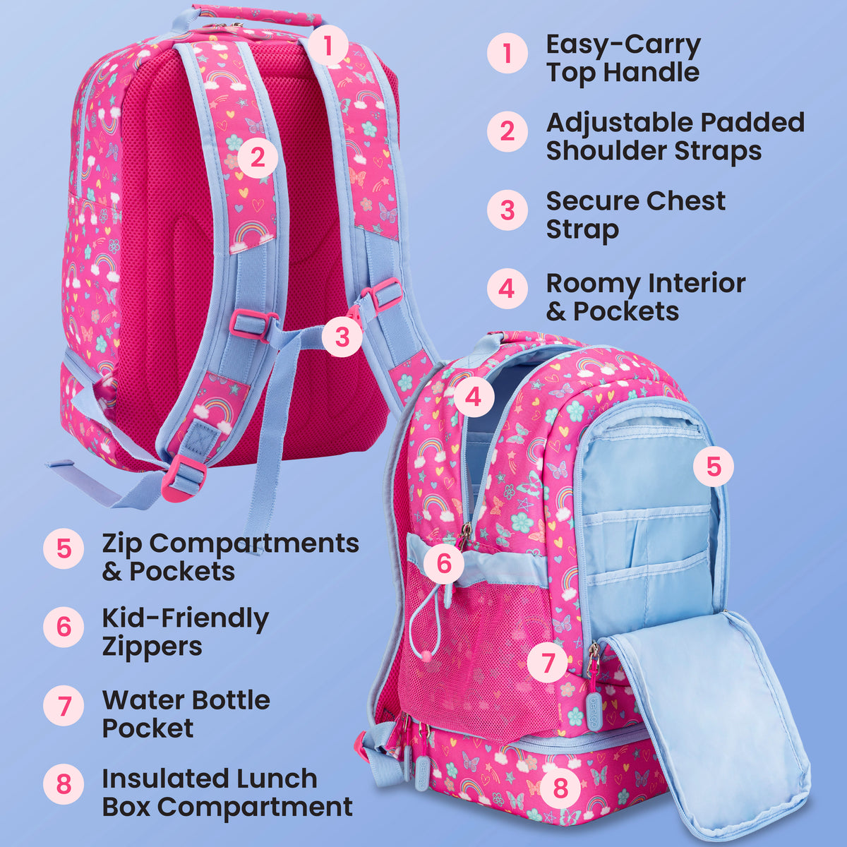 Bentgo® Kids Prints 2-in-1 Backpack & Lunch Bag - Rainbows and Butterflies | Easy-Carry Top Handle, Adjustable Padded Shoulder Straps, Secure Chest Strap, Roomy Interior & Pockets, Zip Compartments & Pockets, Kid-Friendly Zippers, Water Bottle Pocket, and Insulated Lunch Box Compartment