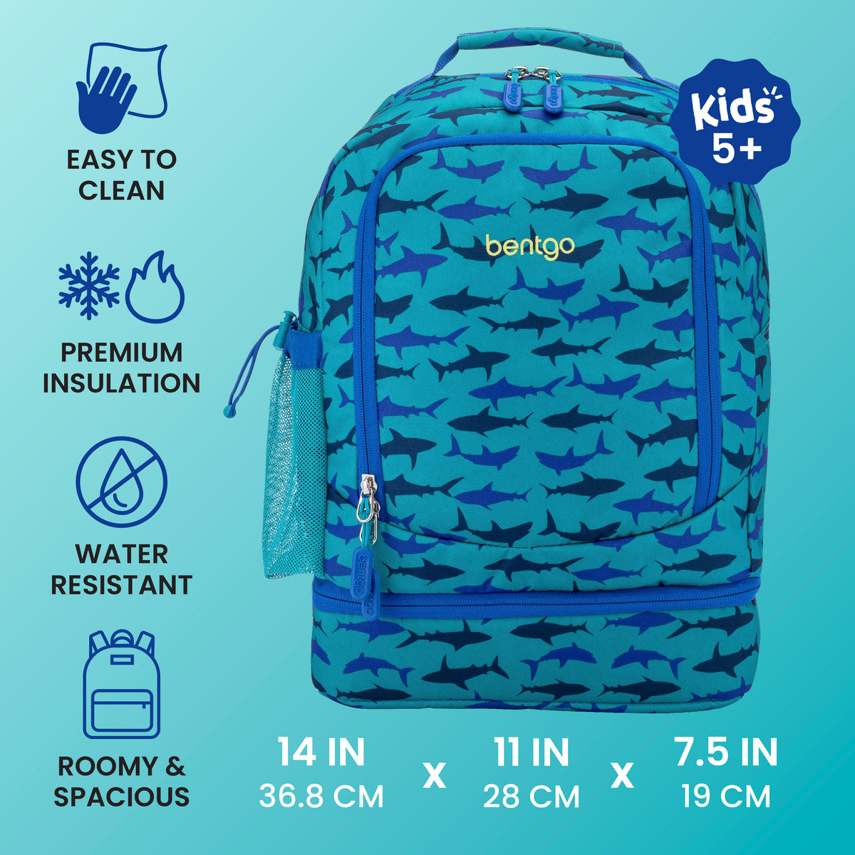 Bentgo® Kids Prints 2-in-1 Backpack & Lunch Bag - Sharks | Easy To Clean, Premium Insulation, Water Resistant, and Roomy & Spacious | Product Dimensions