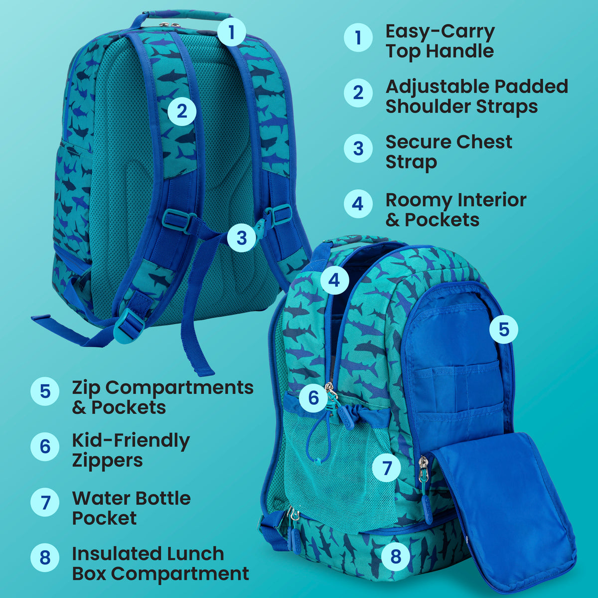 Bentgo® Kids Prints 2-in-1 Backpack & Lunch Bag - Sharks | Easy-Carry Top Handle, Adjustable Padded Shoulder Straps, Secure Chest Strap, Roomy Interior & Pockets, Zip Compartments & Pockets, Kid-Friendly Zippers, Water Bottle Pocket, and Insulated Lunch Box Compartment