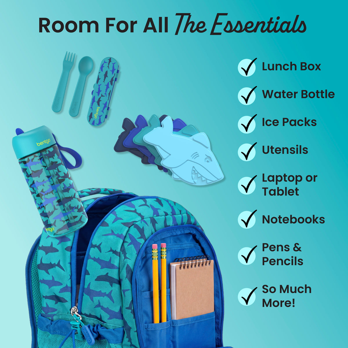 Bentgo® Kids Prints 2-in-1 Backpack & Lunch Bag - Sharks | Room For All The Essentials - Lunch Box, Water Bottle, Ice Packs, Utensils, Laptop or Tablet, Notebooks, Pens & Pencils, and So Much More