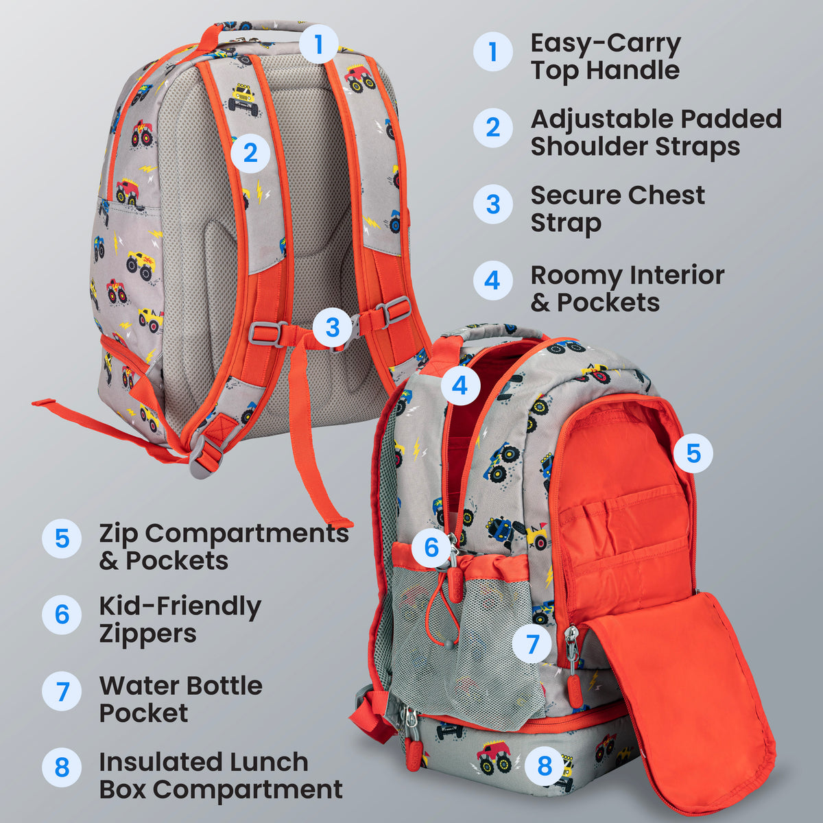Bentgo® Kids Prints 2-in-1 Backpack & Lunch Bag - Trucks | Easy-Carry Top Handle, Adjustable Padded Shoulder Straps, Secure Chest Strap, Roomy Interior & Pockets, Zip Compartments & Pockets, Kid-Friendly Zippers, Water Bottle Pocket, and Insulated Lunch Box Compartment