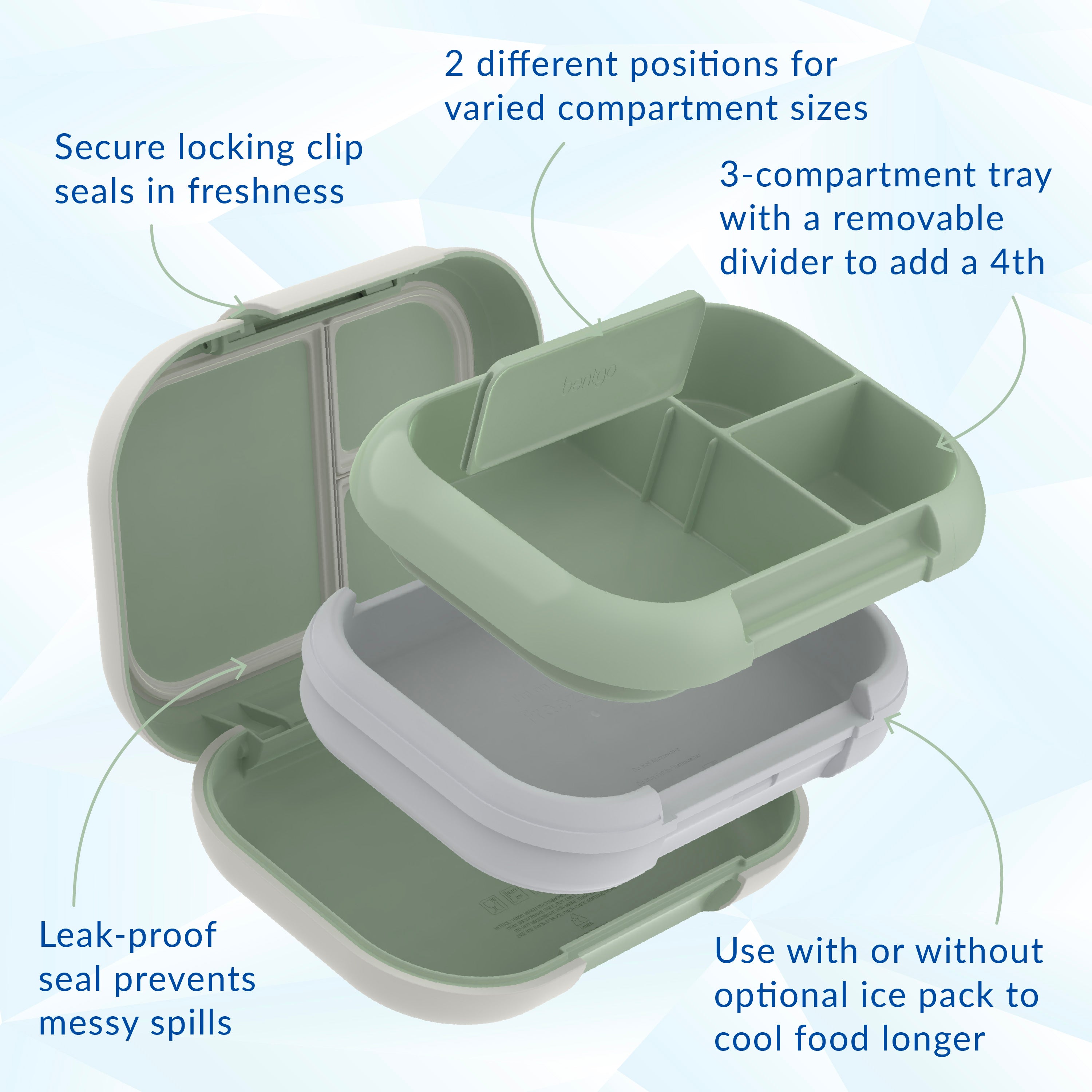 Bentgo® Chill Max Lunch Box - Clay Green and Gray | Secure Locking Clip, 2 Different Positions For Varied Compartment Sizes, 3-Compartment Tray With A Removable Divider To Add A 4th, Leak-Proof Seal Prevents Messy Spills, And Use With Or Without Optional Ice Pack To Cool Food Longer