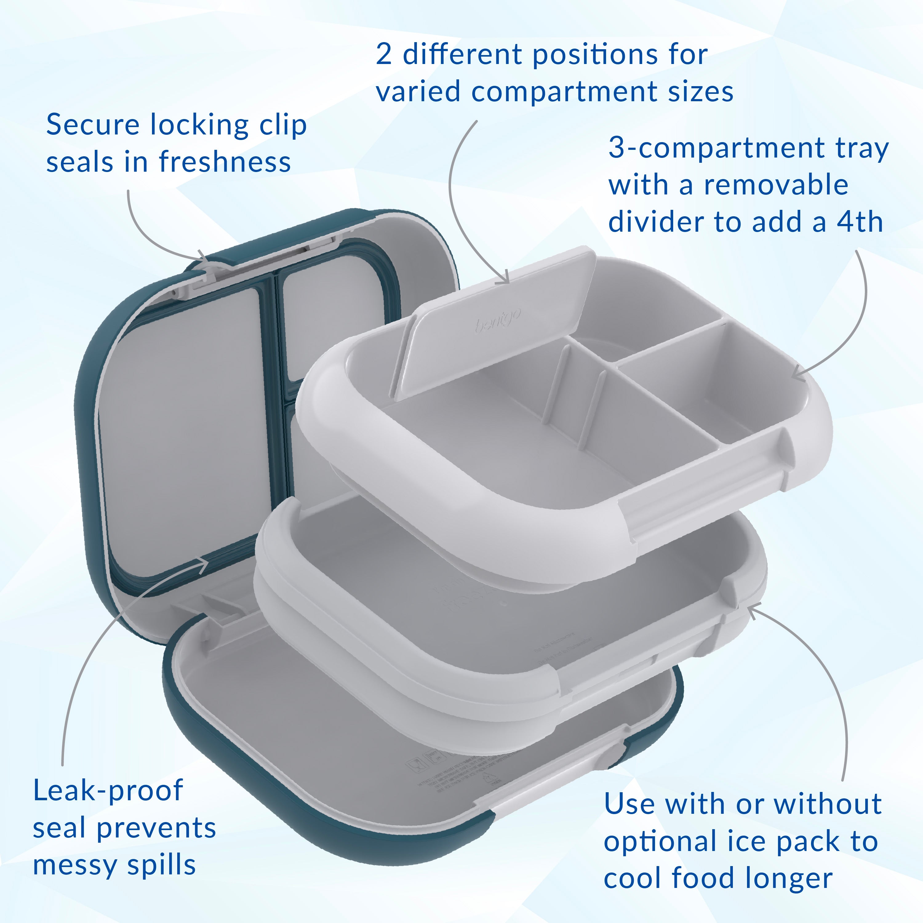 Bentgo® Chill Max Lunch Box - Fog and Deep Teal | Secure Locking Clip, 2 Different Positions For Varied Compartment Sizes, 3-Compartment Tray With A Removable Divider To Add A 4th, Leak-Proof Seal Prevents Messy Spills, And Use With Or Without Optional Ice Pack To Cool Food Longer