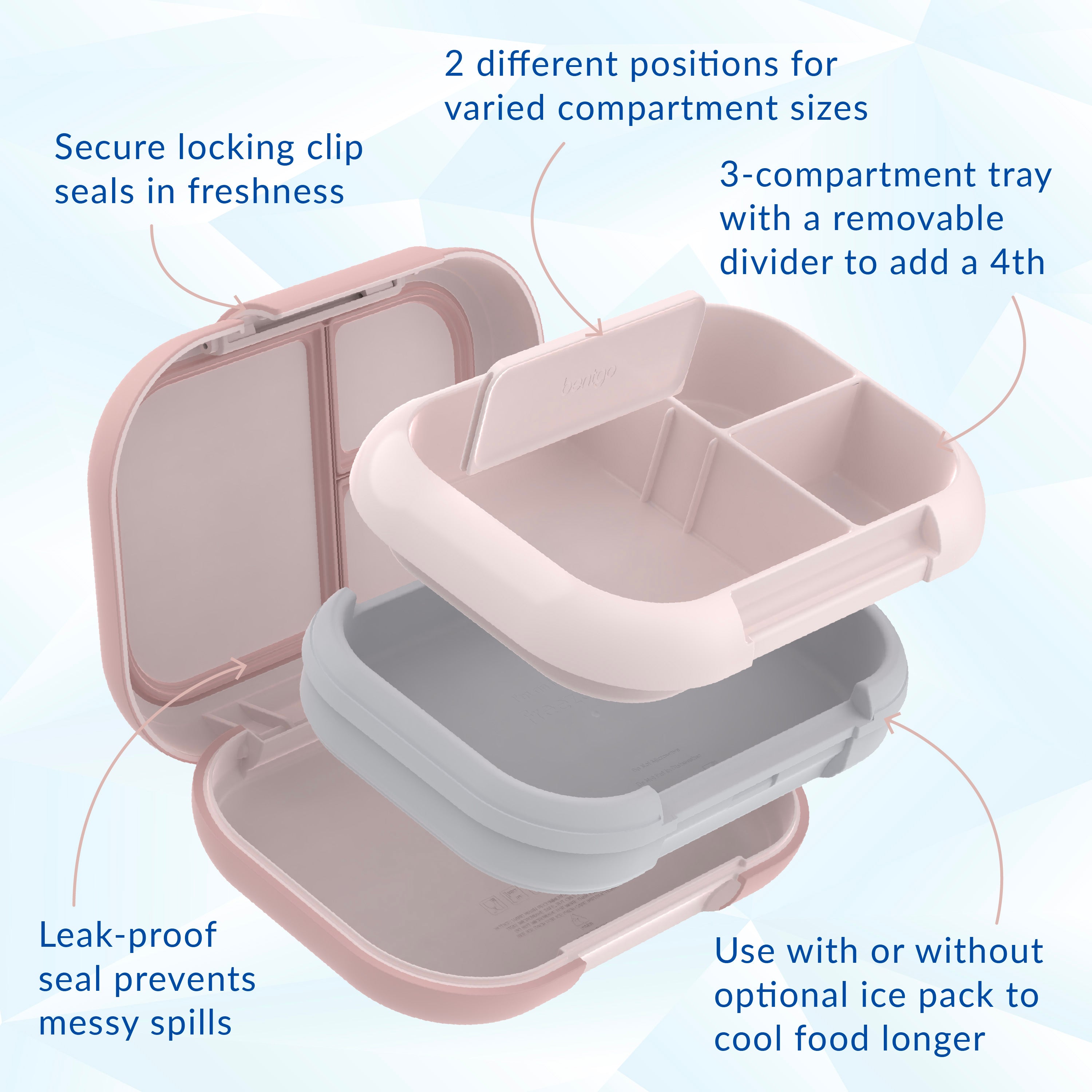 Bentgo® Chill Max Lunch Box - Pink Cloud and Blush | Secure Locking Clip, 2 Different Positions For Varied Compartment Sizes, 3-Compartment Tray With A Removable Divider To Add A 4th, Leak-Proof Seal Prevents Messy Spills, And Use With Or Without Optional Ice Pack To Cool Food Longer