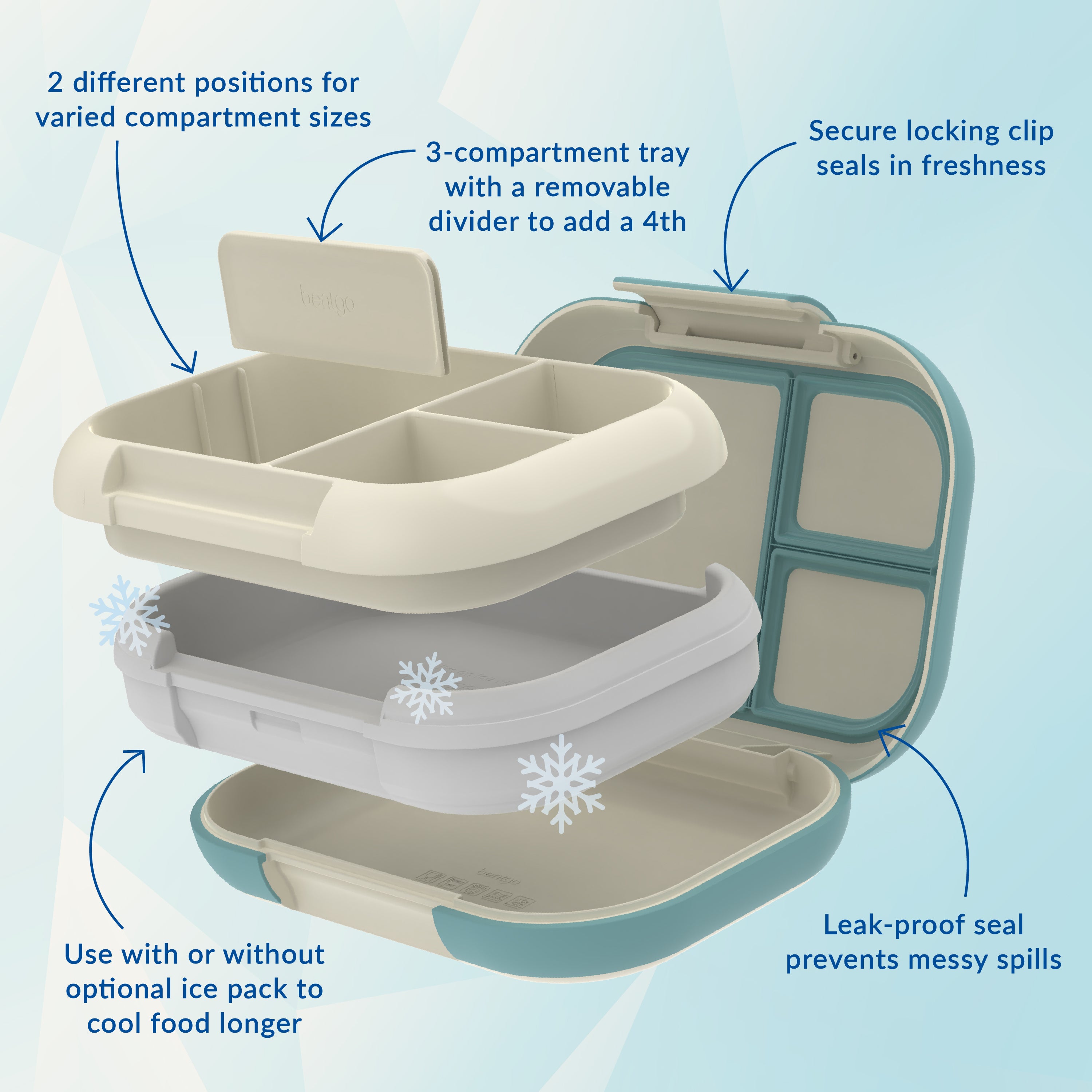 Bentgo® Chill Max Lunch Box (2-Pack) - Bone and Glacier Blue | 2 Different Positions For Varied Compartment Sizes, 3-Compartment Tray With A Removable Divider To Add A 4th, Leak-Proof Seal Prevents Messy Spills, And Use With Or Without Optional Ice Pack To Cool Food Longer, and Secure Locking Clip Seals In Freshness