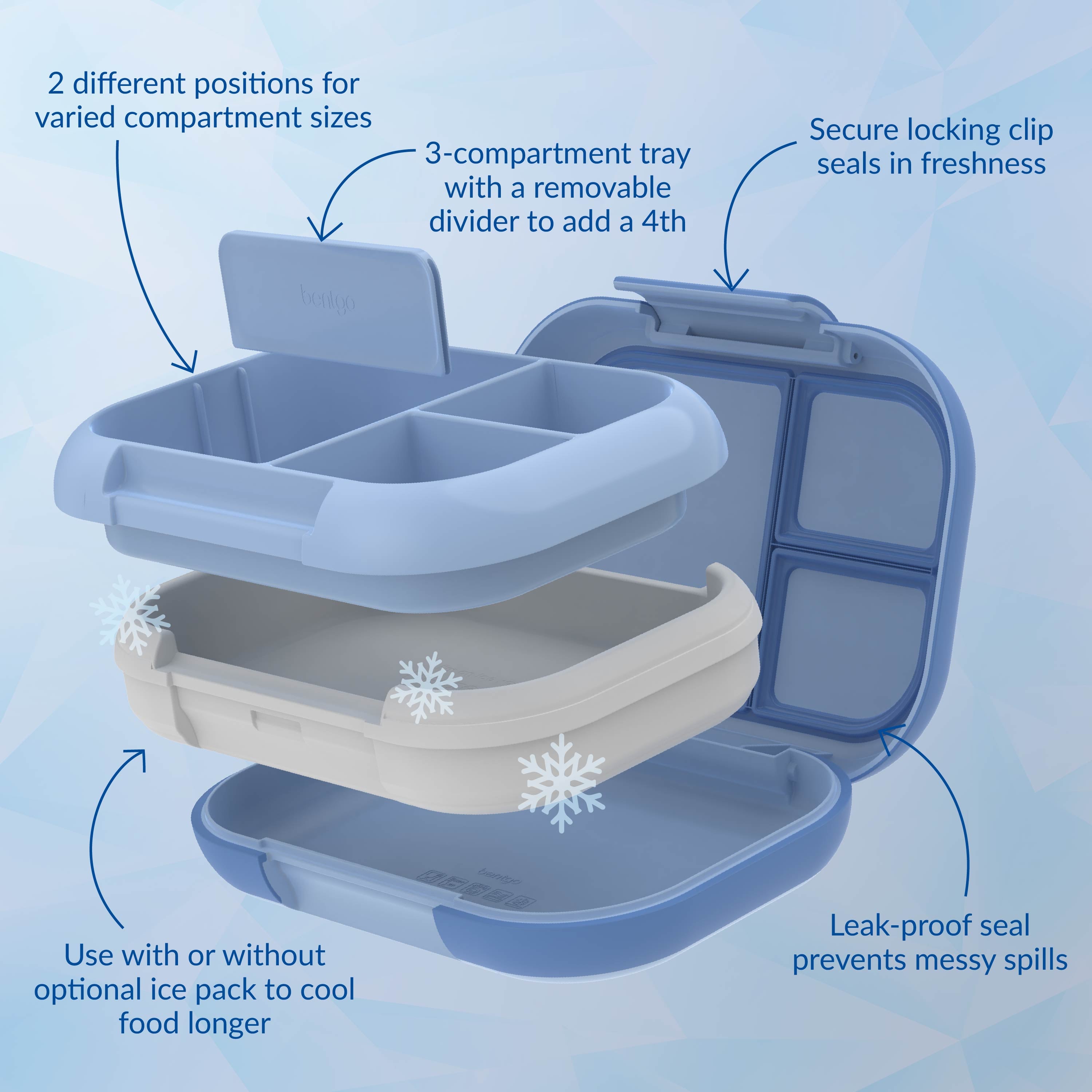 Bentgo® Chill Max Lunch Box (2-Pack) - Fog/Deep Teal & Canal/Sail Blue | Secure Locking Clip, 3-Compartment Tray With A Removable Divider To Add A 4th, Use With Or Without Optional Ice Pack To Cool Food Longer, Leak-Proof Seal Prevents Messy Spills, And 2 Different Positions For Varied Compartment Sizes