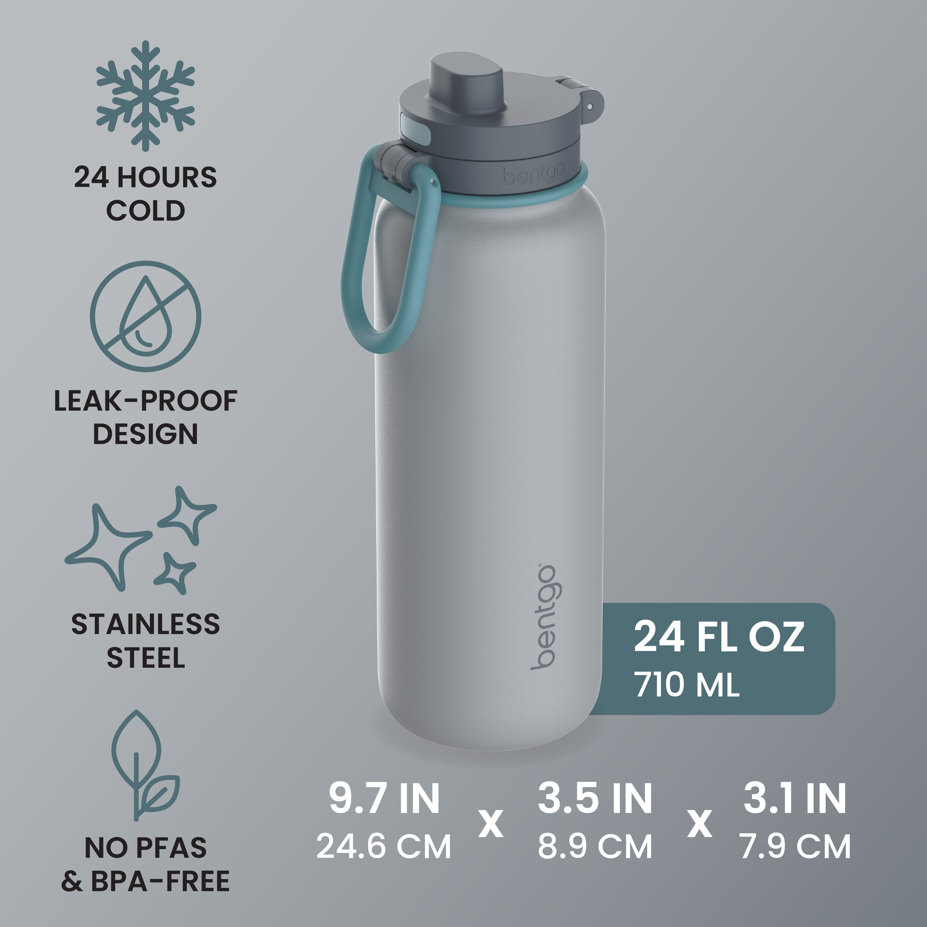 Bentgo® Flip Leak-Proof Water Bottle | Gray Surf - 24 Hours Cold, Leak-Proof Design, Stainless Steel, and No PFAs & BPA-Free - Product Dimensions