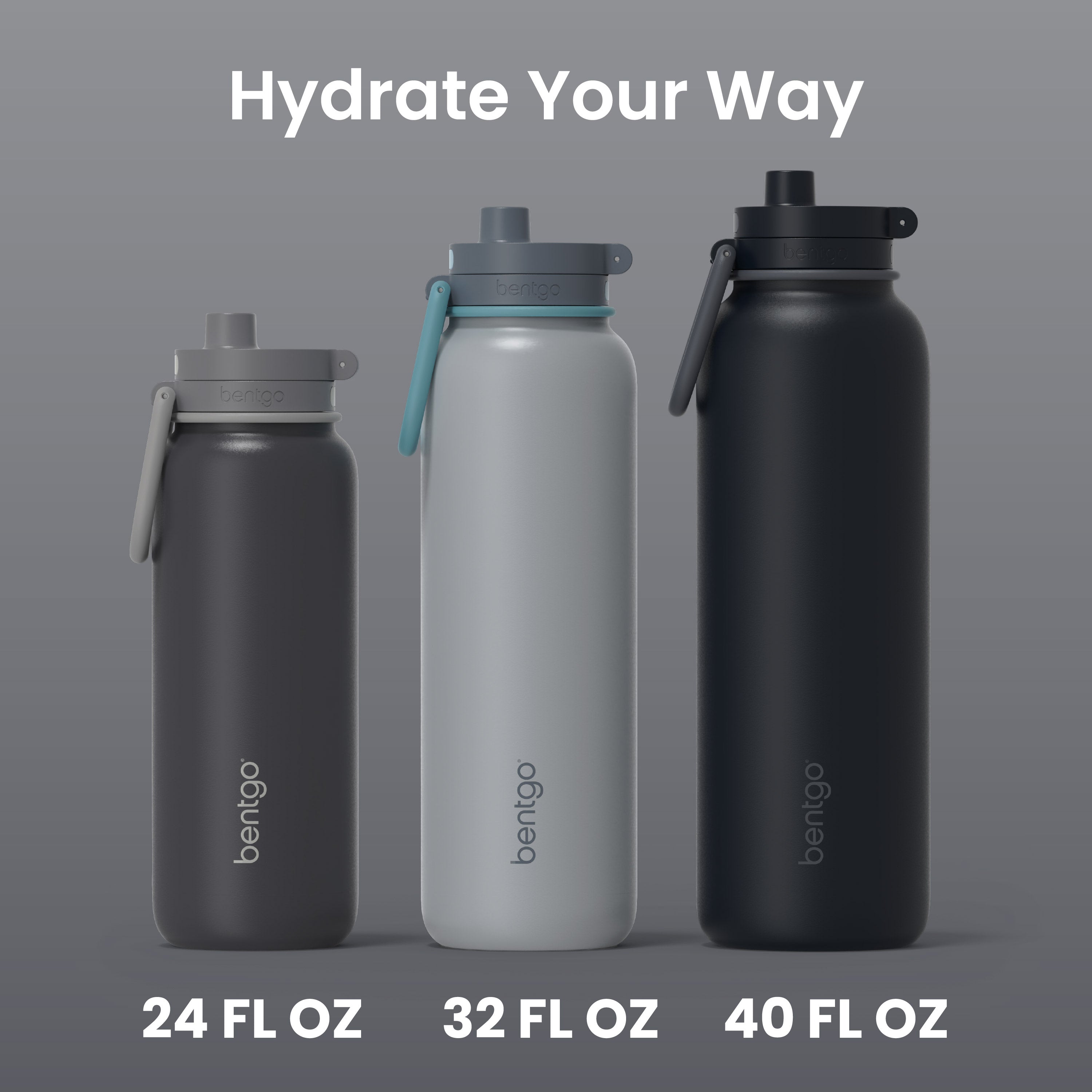 Bentgo® Flip Leak-Proof Water Bottle | Back to Black - Hydrate Your Way (24 FL OZ, 32 FL OZ, and 40 FL OZ)