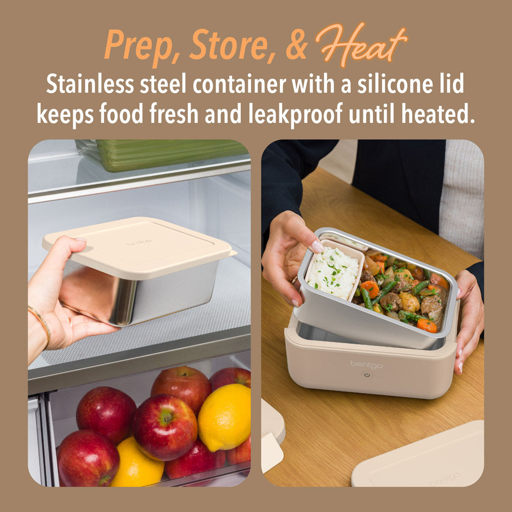 Bentgo® Heat Electric Lunch Box - Latte | Prep, Store & Heat - Stainless Steel Container With A Silicone Lid Keeps Food Fresh And Leakproof Until Heated