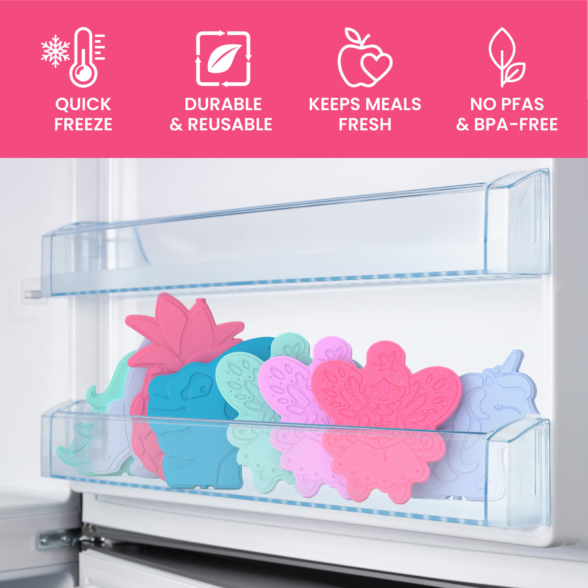 Bentgo Buddies Reusable Ice Packs - Fairies - Glitter Edition | Quick Freeze, Durable & Reusable, Keeps Meals Fresh, and No PFAs & BPA-Free