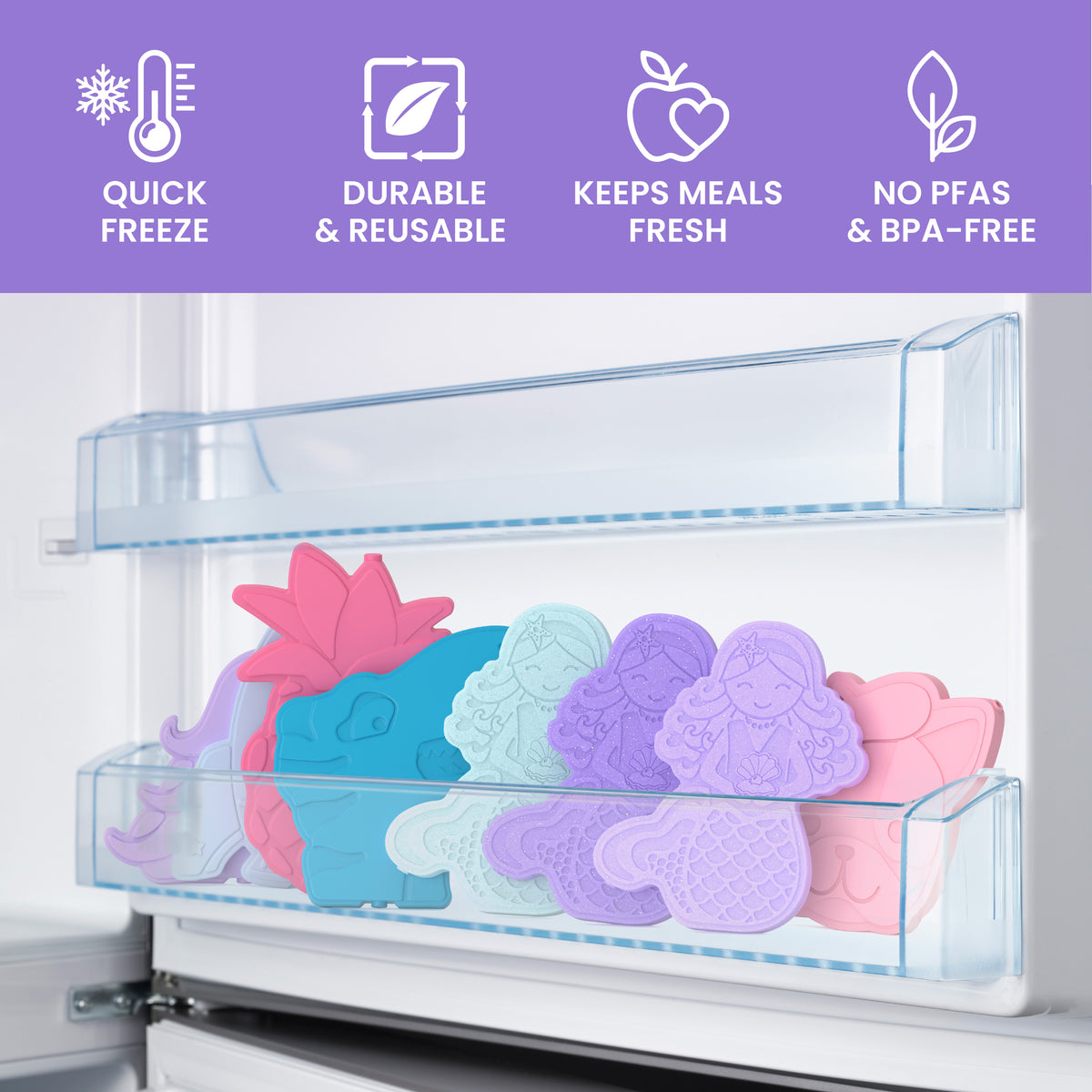 Bentgo Buddies Reusable Ice Packs - Mermaids - Glitter Edition | Quick Freeze, Durable & Reusable, Keeps Meals Fresh, and No PFAs & BPA-Free