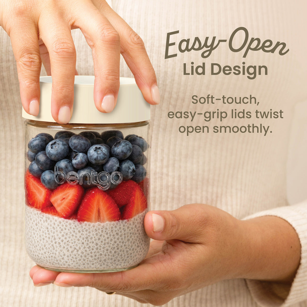 Bentgo® Glass Food Jar Set (12-Piece) - Cream Drop | Easy-Open Lid Design - Soft-Touch, Easy-Grip Lids Twist Open Smoothly