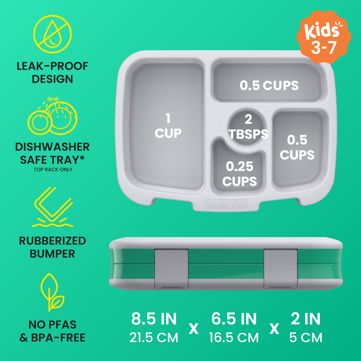 Bentgo Kids Prints Lunch Box - Bug Buddies | Leak-Proof Design, Dishwasher Safe Tray (Top Rack Only), Rubberized Bumper And No PFAS & BPA-Free | Kids Lunch Box Dimensions