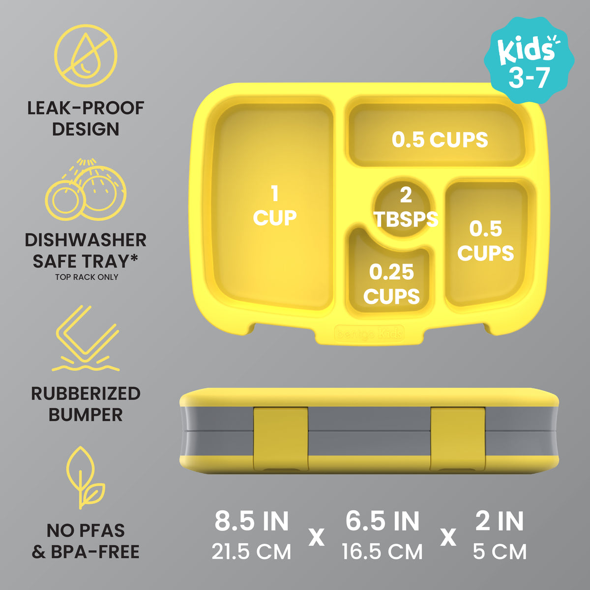 Bentgo Kids Prints Lunch Box - Construction Trucks | Leak-Proof Design, Dishwasher Safe Tray (Top Rack Only), Rubberized Bumper And No PFAS & BPA-Free | Kids Lunch Box Dimensions