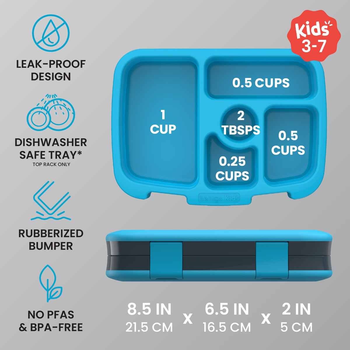 Bentgo Kids Prints Lunch Box - Dinosaur | Leak-Proof Design, Dishwasher Safe Tray (Top Rack Only), Rubberized Bumper And No PFAS & BPA-Free | Kids Lunch Box Dimensions