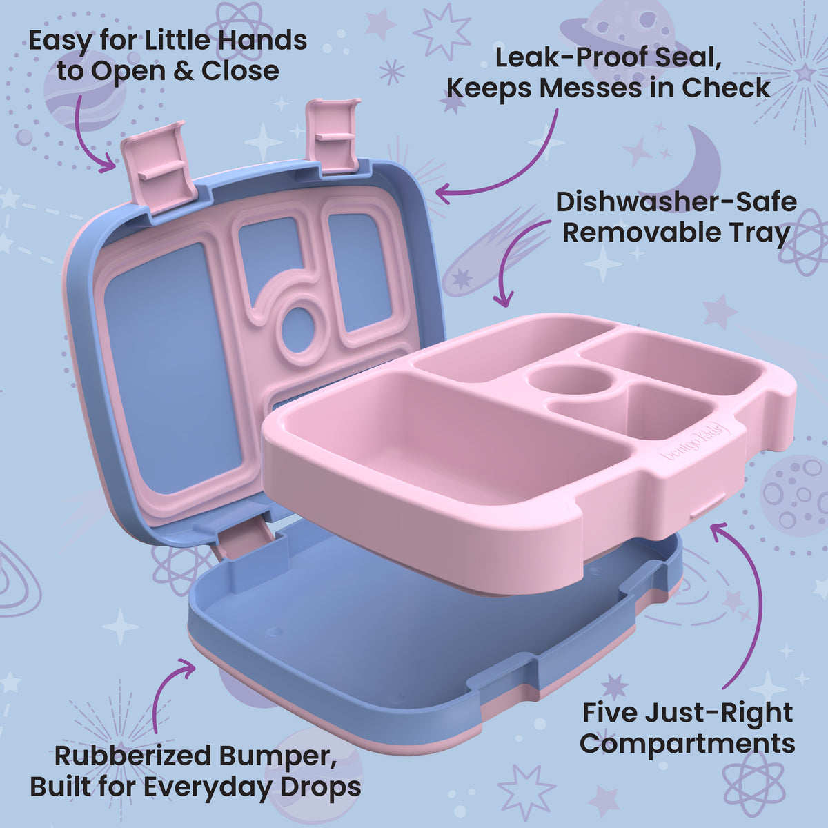 Bentgo Kids Prints Lunch Box - Lavender Galaxy | Kids Lunch Box Features Include Easy For Little Hands To Open & Close, Leak-Proof Seal That Keeps Messes In Check, Dishwasher-Safe Removable Tray, Rubberized Bumper Built For Everyday Drops, And Five Just-Right Compartments
