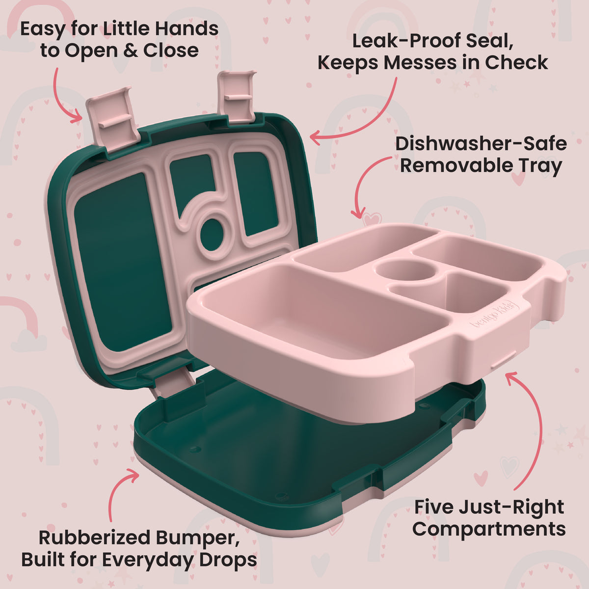 Bentgo Kids Prints Lunch Box - Green Rainbow | Kids Lunch Box Features Include Easy For Little Hands To Open & Close, Leak-Proof Seal That Keeps Messes In Check, Dishwasher-Safe Removable Tray, Rubberized Bumper Built For Everyday Drops, And Five Just-Right Compartment