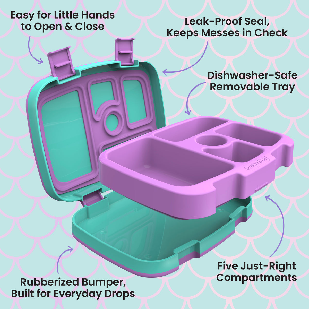 Bentgo Kids Prints Lunch Box - Mermaid Scales | Kids Lunch Box Features Include Easy For Little Hands To Open & Close, Leak-Proof Seal That Keeps Messes In Check, Dishwasher-Safe Removable Tray, Rubberized Bumper Built For Everyday Drops, And Five Just-Right Compartments