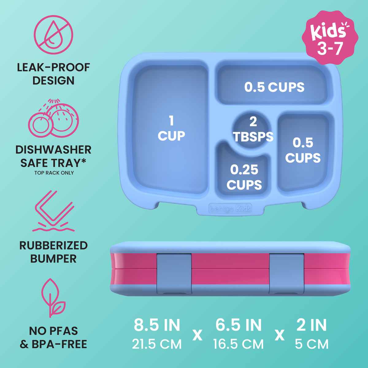 Bentgo Kids Prints Lunch Box - Rainbows and Butterflies | Leak-Proof Design, Dishwasher Safe Tray (Top Rack Only), Rubberized Bumper And No PFAS & BPA-Free | Kids Lunch Box Dimensions