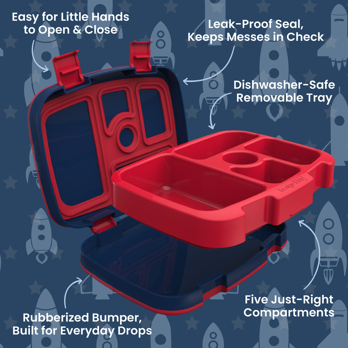 Bentgo Kids Prints Lunch Box -
Space Rockets | Kids Lunch Box Features Include Easy For Little Hands To Open & Close, Leak-Proof Seal That Keeps Messes In Check, Dishwasher-Safe Removable Tray, Rubberized Bumper Built For Everyday Drops, And Five Just-Right Compartments
