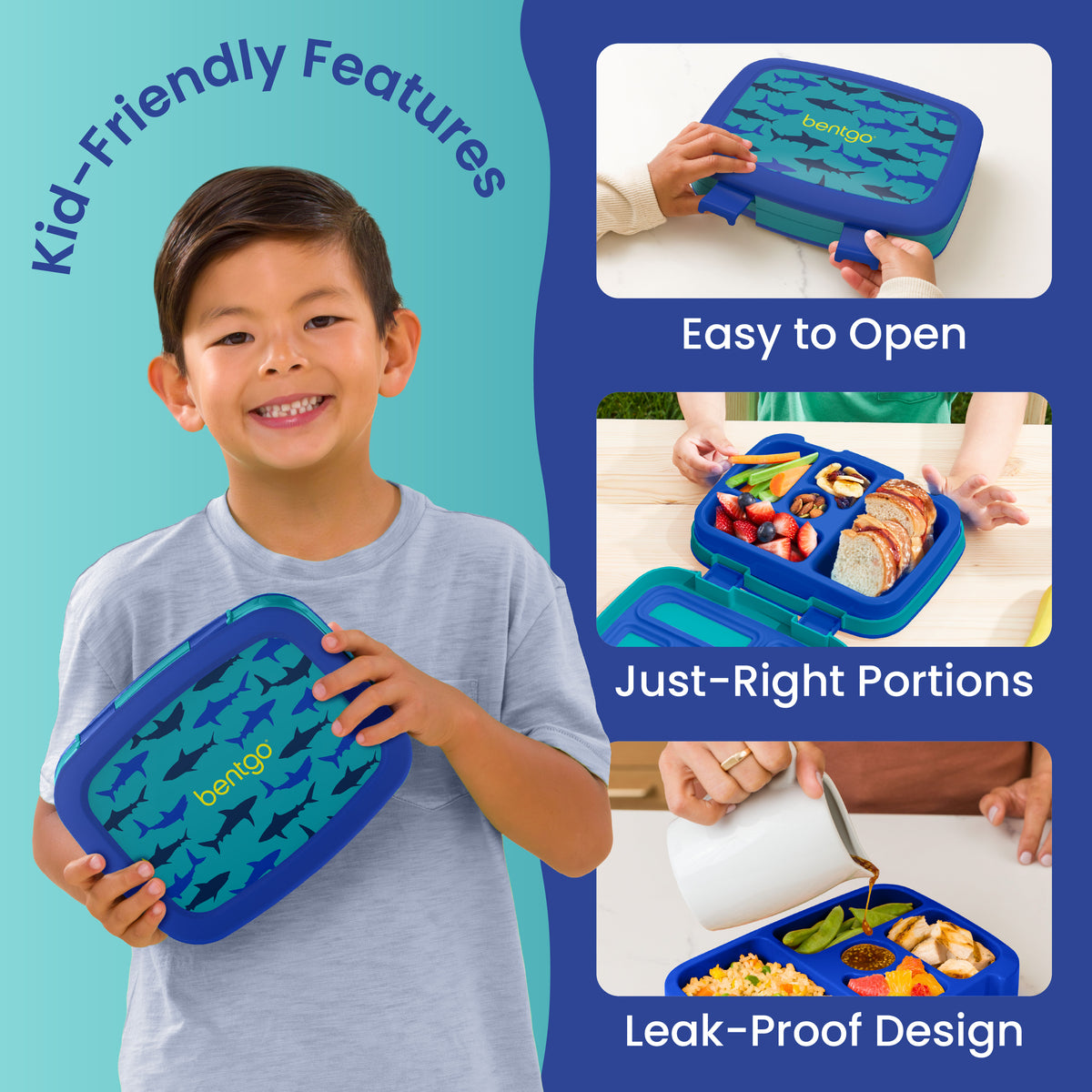 Bentgo Kids Prints Lunch Box - Sharks | Kids Lunch Box Packed With Kid-Friendly Features Such As Easy To Open, Just-Right Portions And Leak-Proof Design