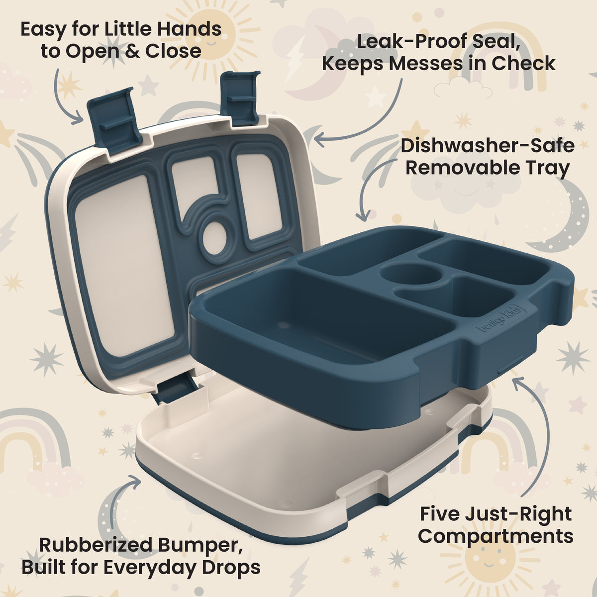 Bentgo Kids Prints Lunch Box -
Friendly Skies | Kids Lunch Box Features Include Easy For Little Hands To Open & Close, Leak-Proof Seal That Keeps Messes In Check, Dishwasher-Safe Removable Tray, Rubberized Bumper Built For Everyday Drops, And Five Just-Right Compartments