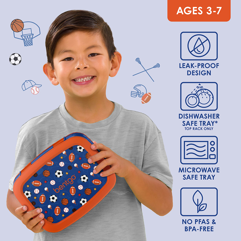 Bentgo Kids Prints Lunch Box - Sports | Leak-Proof Design, Dishwasher Safe Tray (Top Rack Only), Microwave Safe Tray And No PFAS & BPA-Free