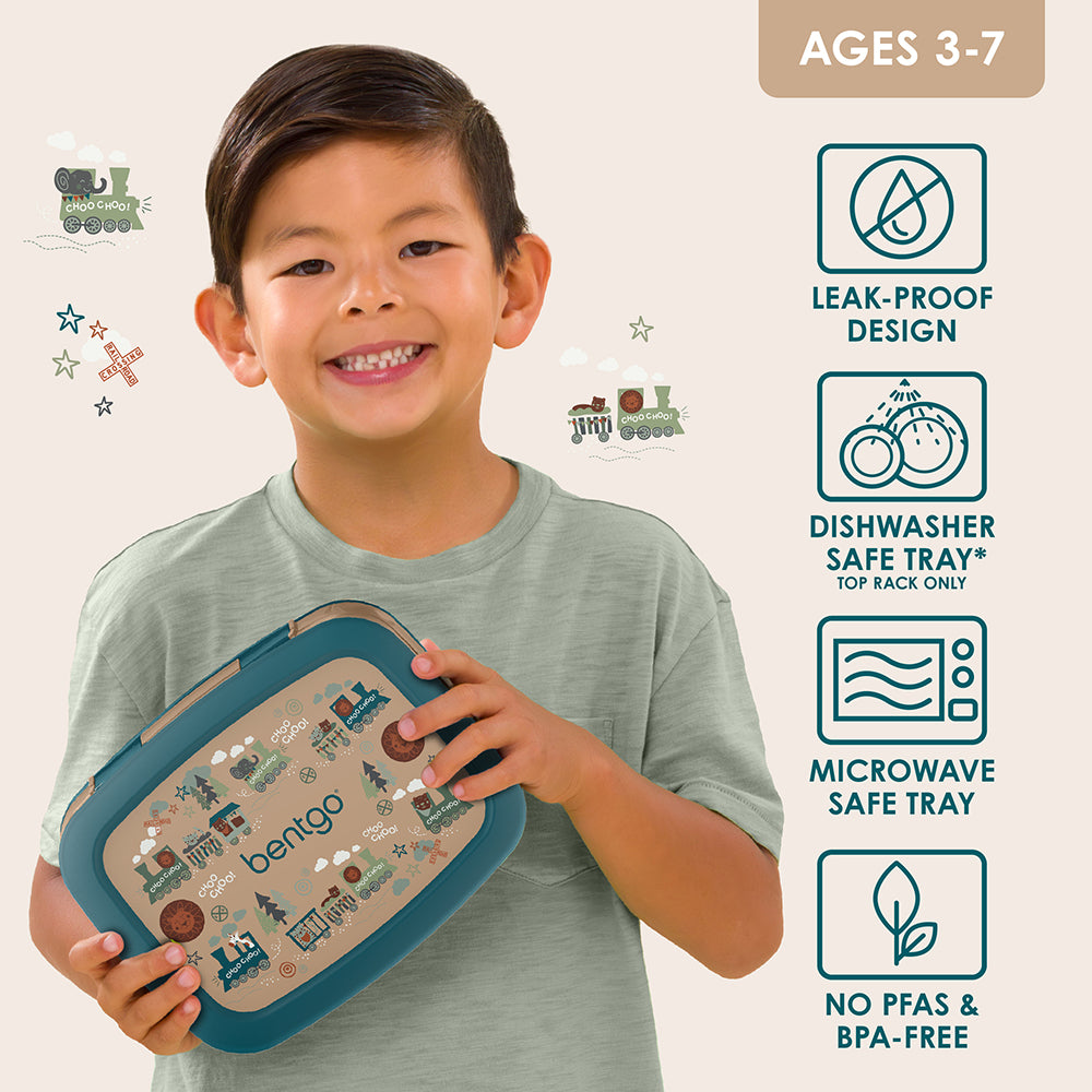 Bentgo Kids Prints Lunch Box - Trains | Leak-Proof Design, Dishwasher Safe Tray (Top Rack Only), Microwave Safe Tray And No PFAS & BPA-Free