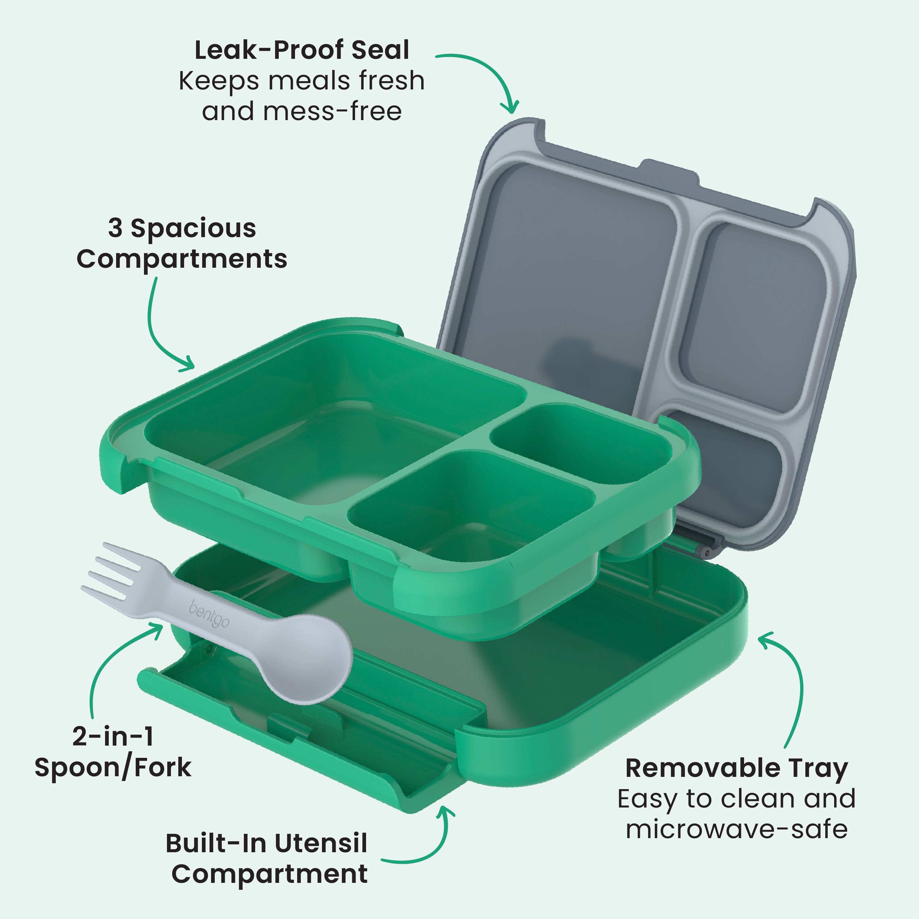 Bentgo Kids Stow & Go Lunch Box - Gray Leaf | Leak-Proof Seal - Keeps Meals Fresh And Mess-Free, 3 Spacious Compartments, Removable Tray - Easy To Clean And Microwave-Safe, 2-In-1 Spoon/Fork, And Built-In Utensil Compartment