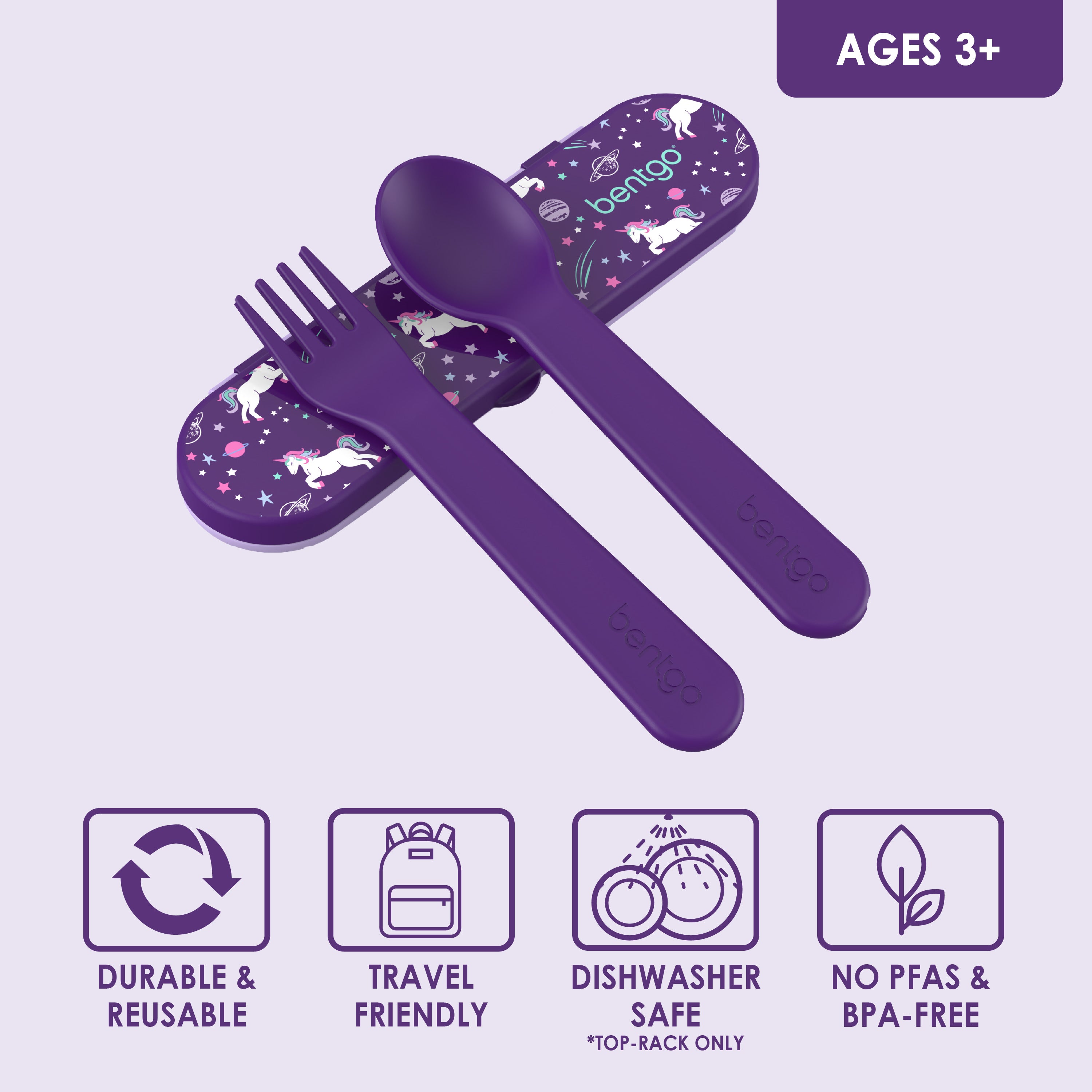Bentgo® Kids Utensils Set - Unicorn | Ages 3+ | Durable & Reusable, Travel Friendly, Dishwasher Safe (Top-Rack Only), and No PFAS & BPA-Free