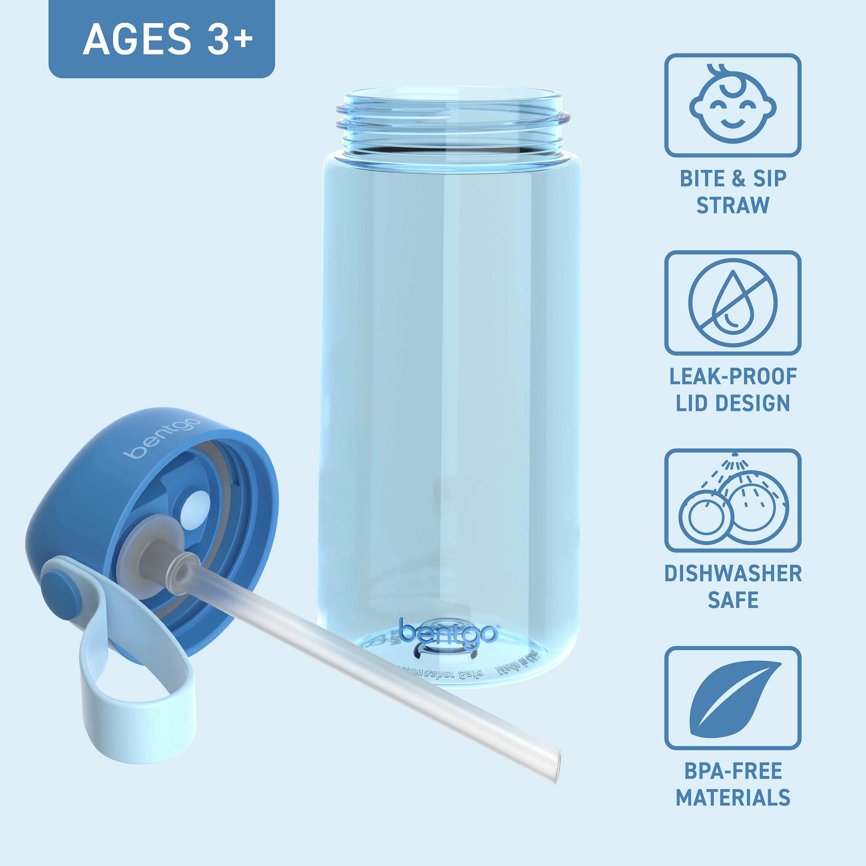 Bentgo® Kids Water Bottle - Blue | Bite & Sip Straw, Leak-Proof Lid, Dishwasher Safe, And Made With BPA-Free Materials