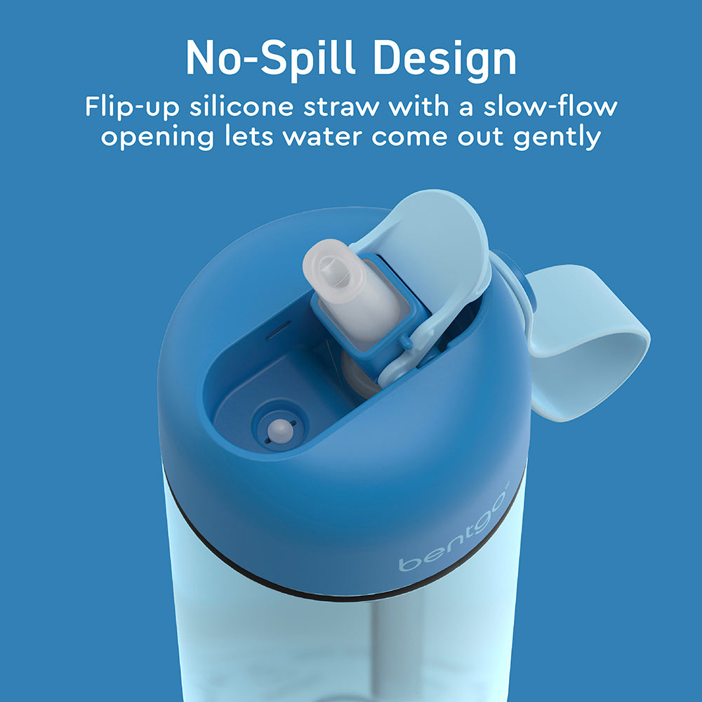 Bentgo® Kids Water Bottle - Blue | No-Spill Design - Flip-Up Silicone Straw With A Slow-Flow Opening Lets Water Come Out Gently