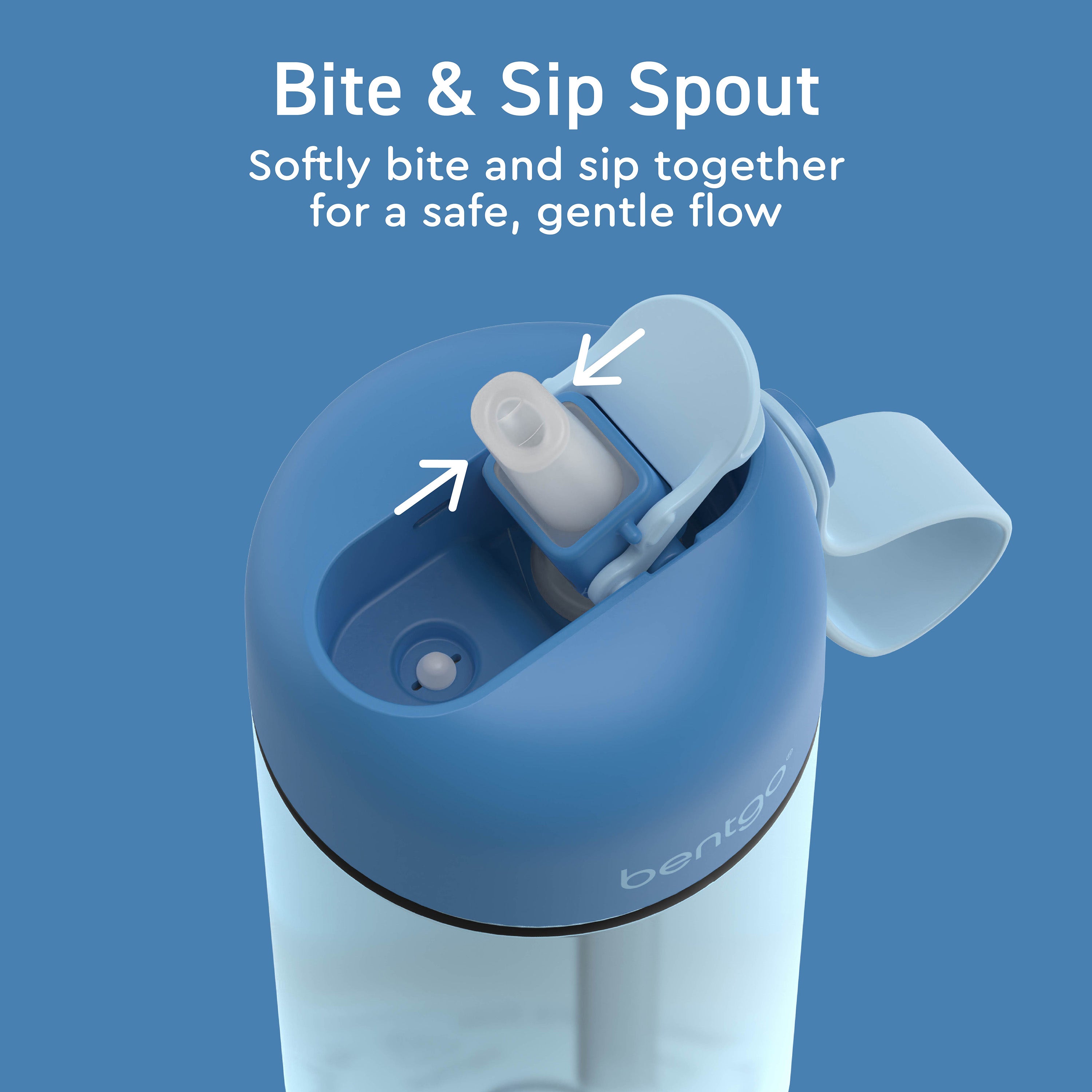 Bentgo® Kids Water Bottle - Blue | Bite & Sip Spout - Softly Bite And Sip Together For A Safe, Gentle Flow