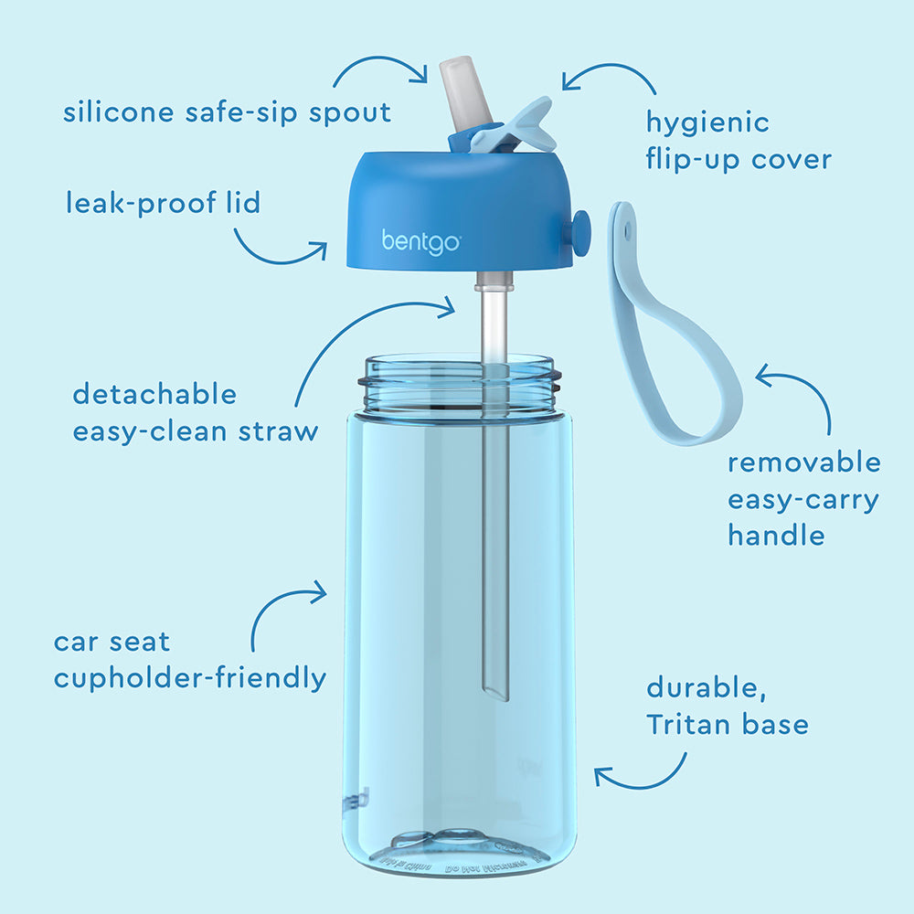 Bentgo® Kids Water Bottle - Blue | Hygienic Flip-Uo Cover, Silicone Safe-Sip Spout, Leak-Proof Lid, Detachable Easy-Clean Straw, Durable Tritan Base, And Removable Easy-Carry Handle
