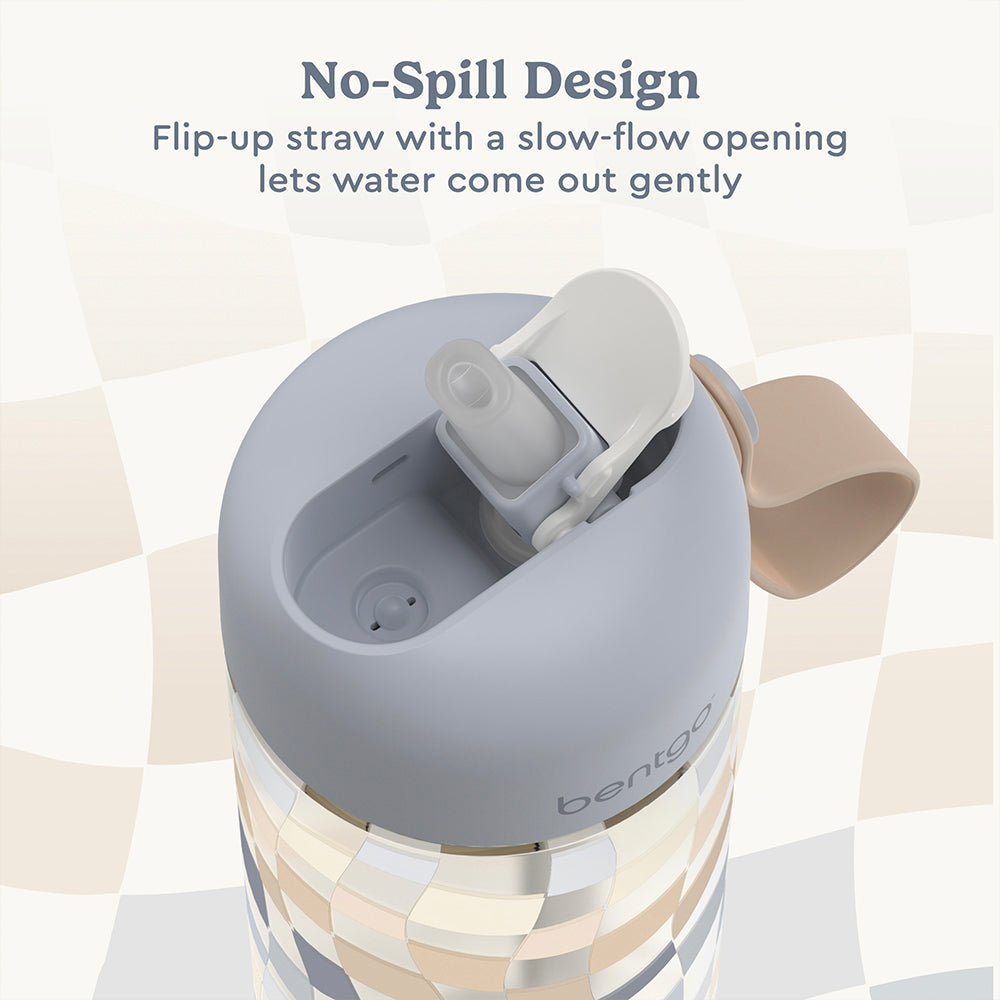 Bentgo® Kids Whimsy & Wonder Prints Water Bottle - Checker Gradient | No-Spill Design Features A Flip-Up Straw With A Slow-Flow Opening Lets Water Come Out Gently