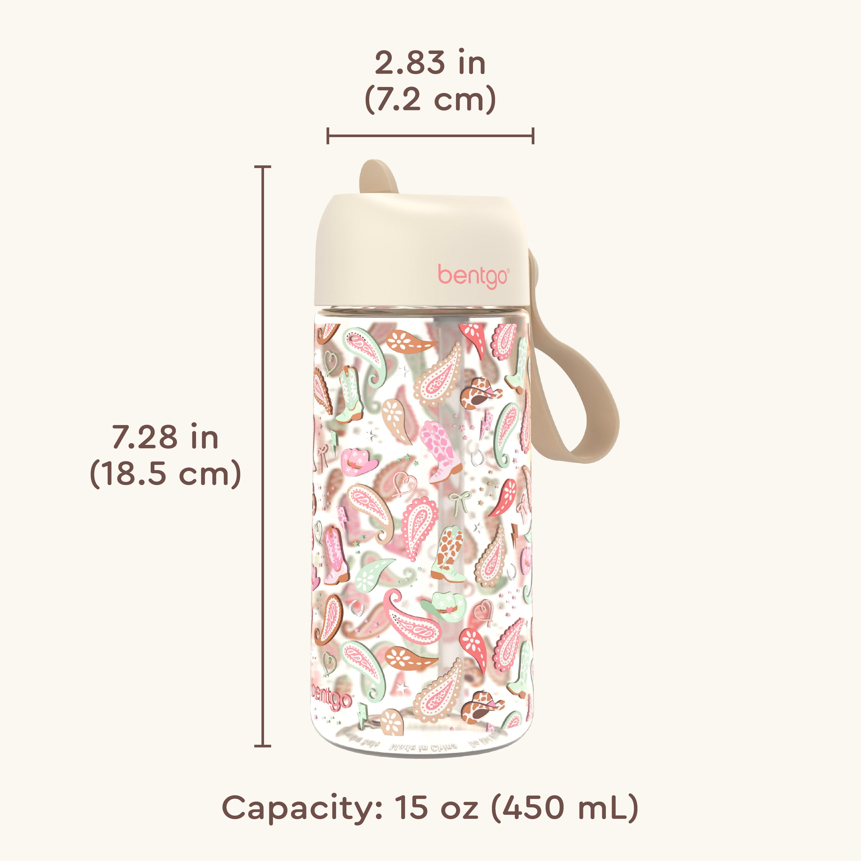 Bentgo Kids Water Bottle - Cowgirl Dreams | Product Dimensions