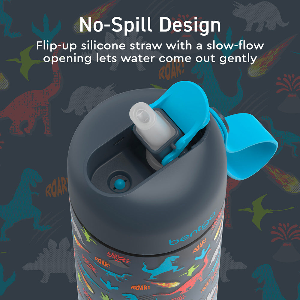 Bentgo® Kids Water Bottle - Dinosaur | No-Spill Design - Flip-Up Silicone Straw With A Slow-Flow Opening Lets Water Come Out Gently