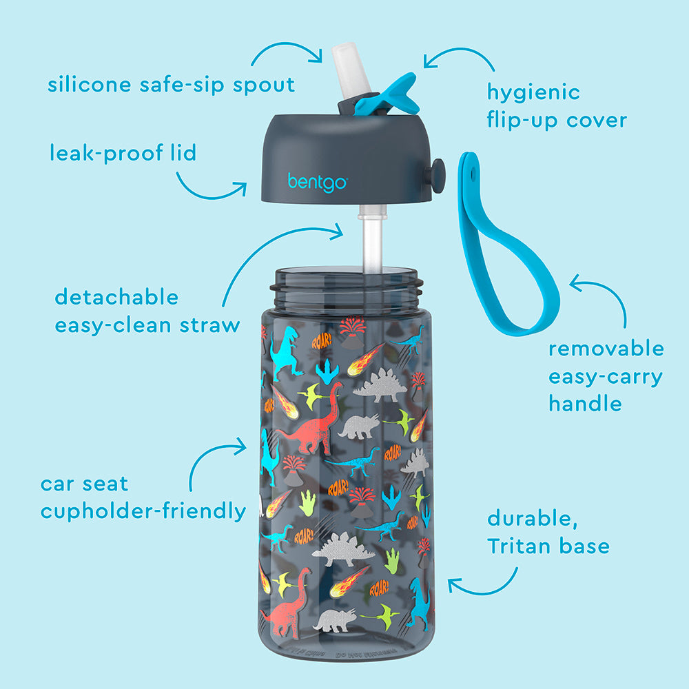 Bentgo® Kids Water Bottle - Dinosaur | Hygienic Flip-Uo Cover, Silicone Safe-Sip Spout, Leak-Proof Lid, Detachable Easy-Clean Straw, Durable Tritan Base, And Removable Easy-Carry Handle
