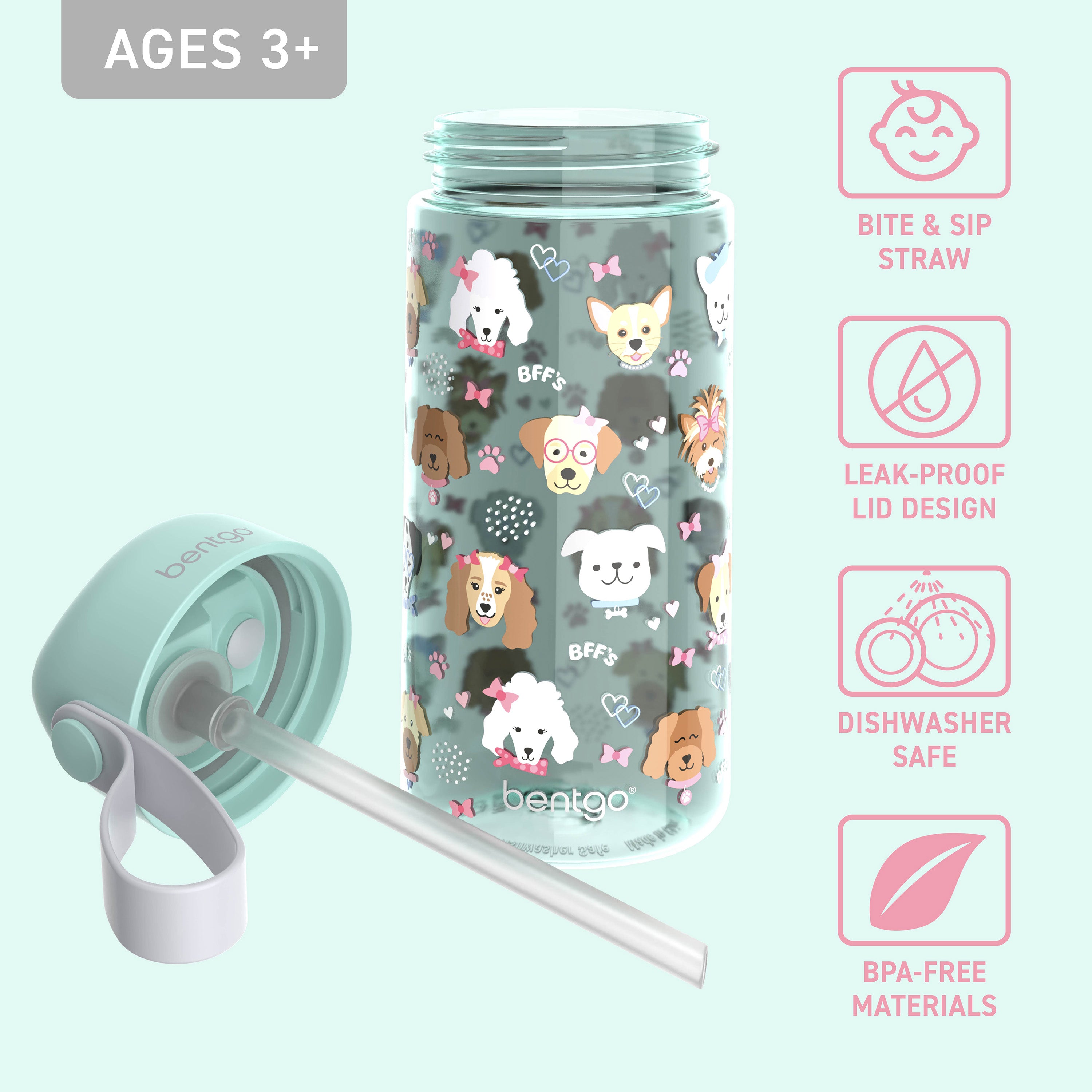 Bentgo® Kids Water Bottle - Puppy Love | Bite & Sip Straw, Leak-Proof Lid, Dishwasher Safe, And Made With BPA-Free Materials