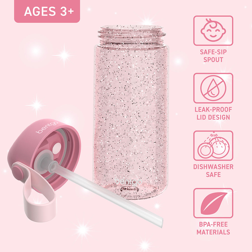 Bentgo® Kids Water Bottle - Petal Pink Glitter | Safe-Sip Spout, Leak-Proof Lid, Dishwasher Safe, And Made With BPA-Free Materials