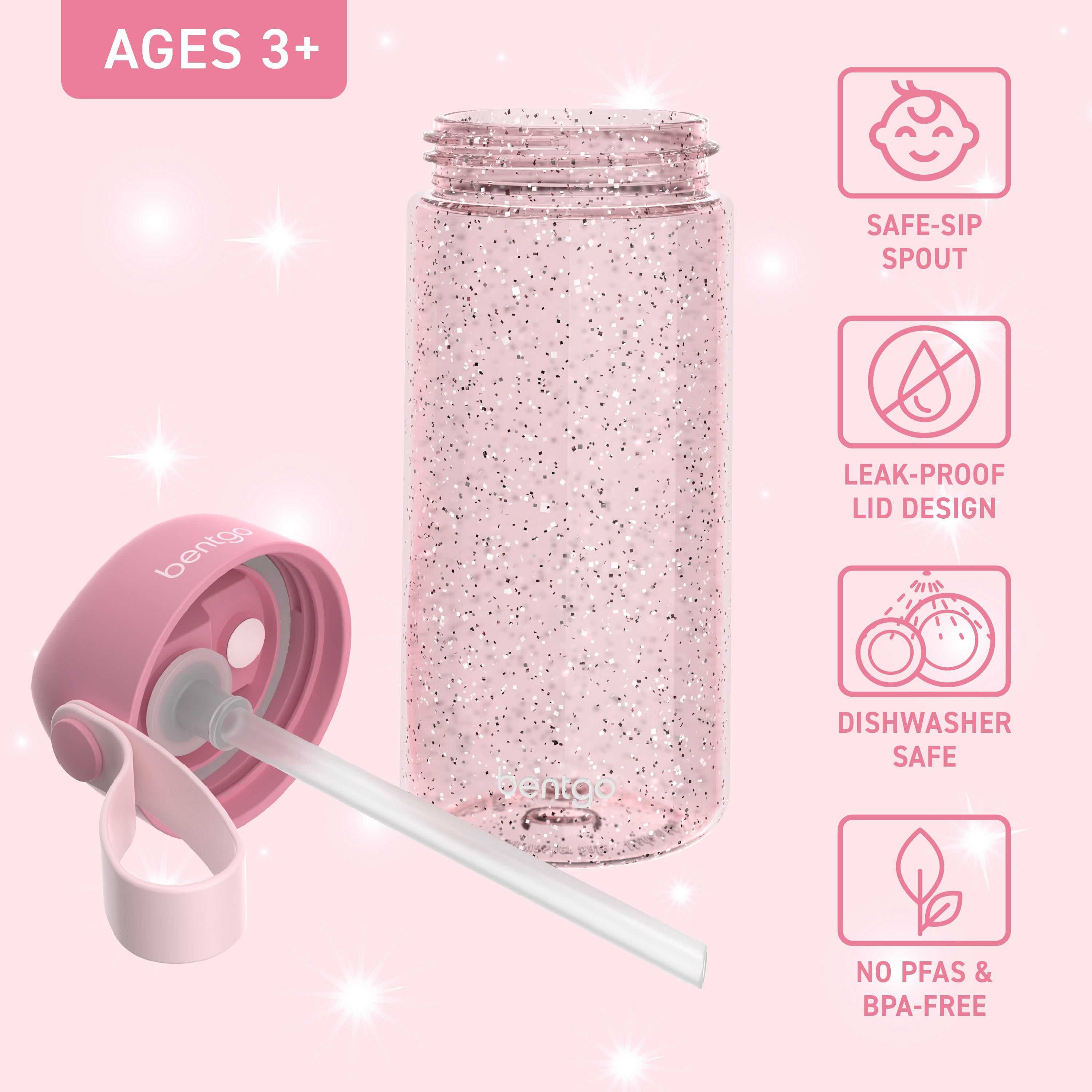 Bentgo Kids Water Bottle - Petal Pink Glitter | Bite & Sip Straw, Leak-Proof Lid Design, Dishwasher Safe, No PFAs & BPA-Free