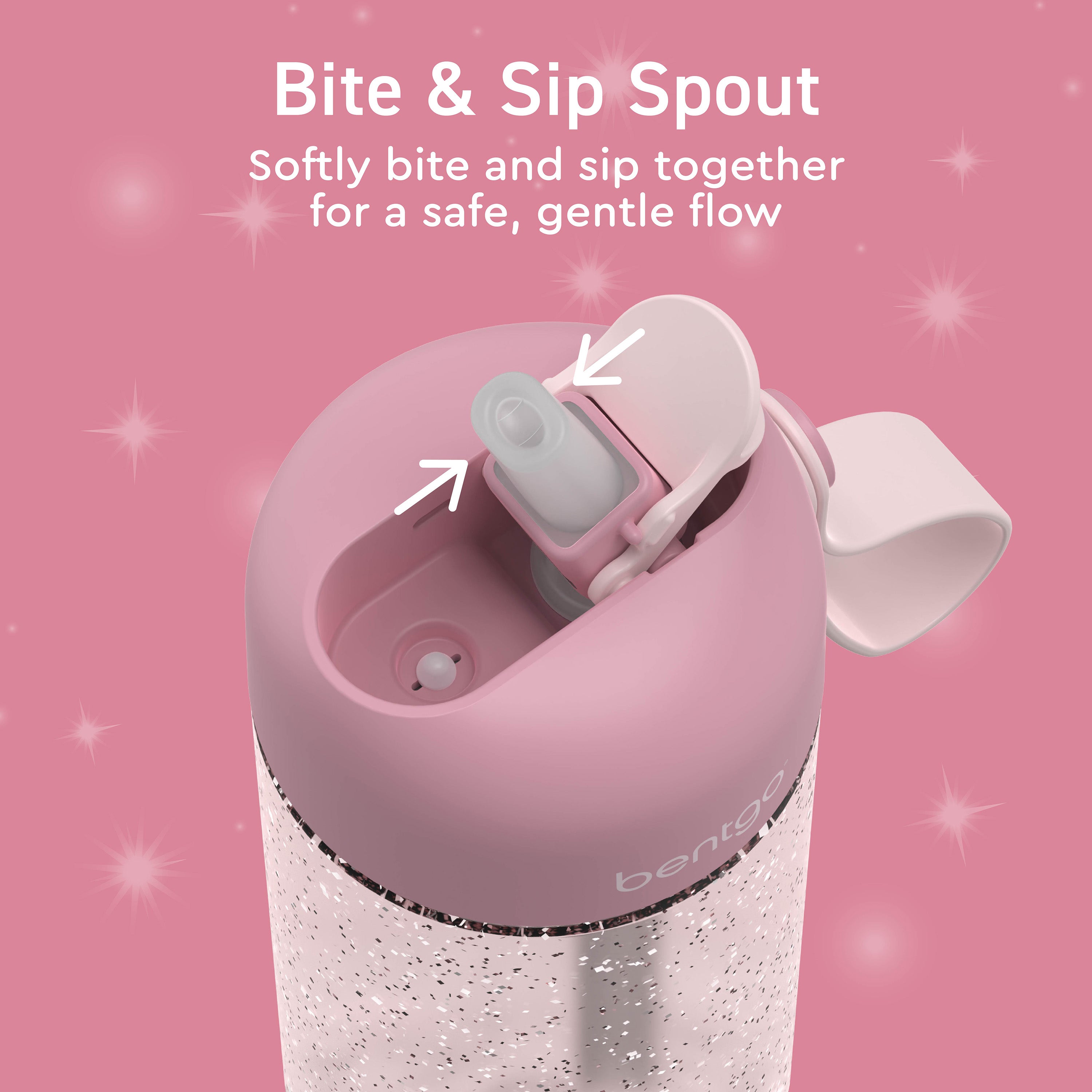 Bentgo® Kids Water Bottle (Glitter) - Petal Pink Glitter | Bite & Sip Spout - Softly Bite And Sip Together For A Safe, Gentle Flow