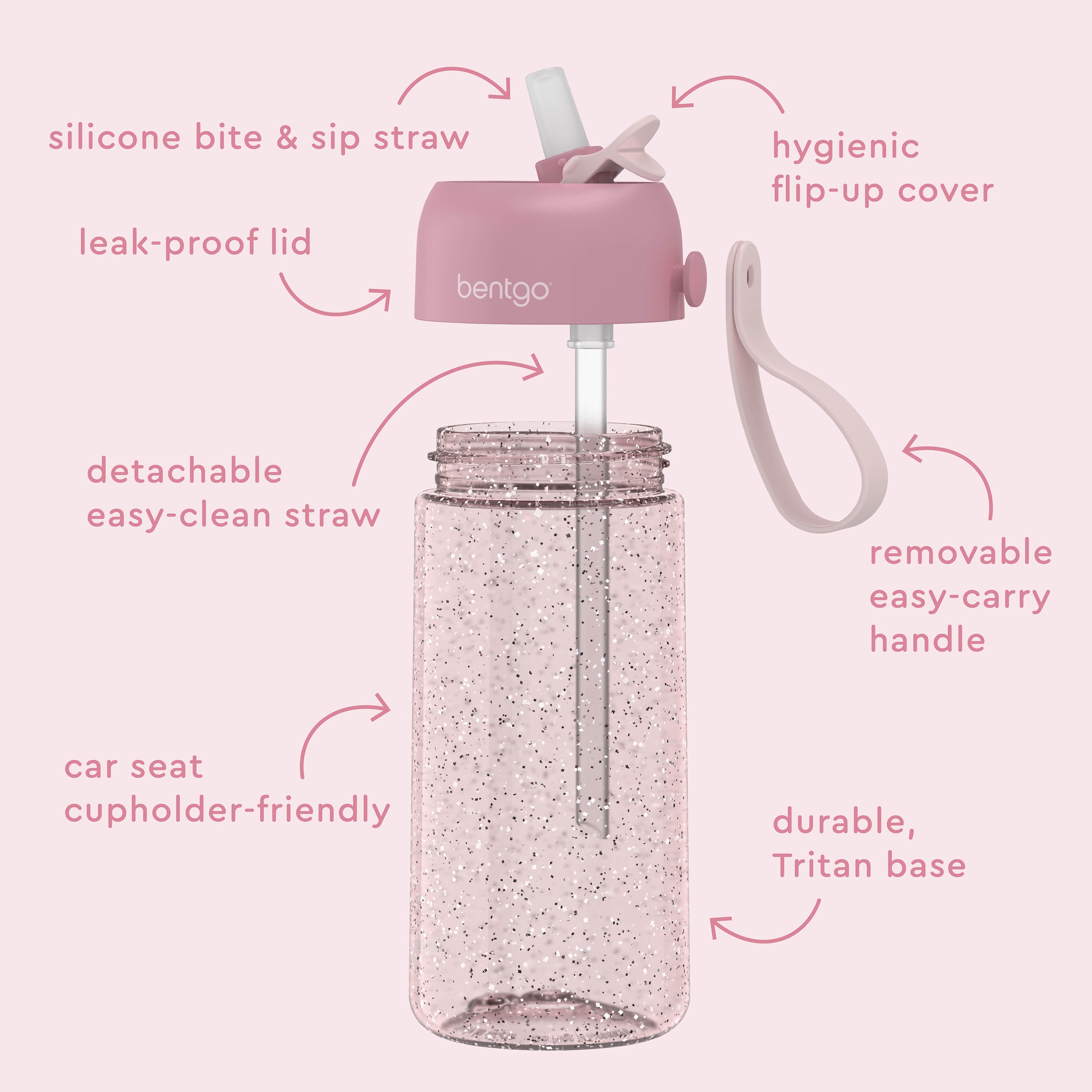 Bentgo® Kids Water Bottle - Petal Pink Glitter | Hygienic Flip-Up Cover, Silicone Bite & Sip Straw, Leak-Proof Lid, Detachable Easy-Clean Straw, Durable Tritan Base, And Removable Easy-Carry Handle
