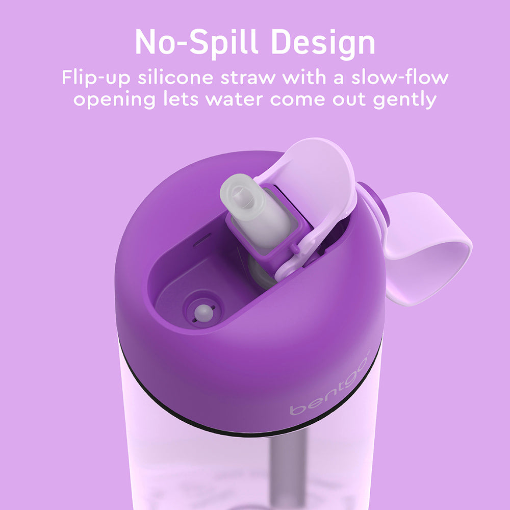 Bentgo® Kids Water Bottle - Purple | No-Spill Design - Flip-Up Silicone Straw With A Slow-Flow Opening Lets Water Come Out Gently