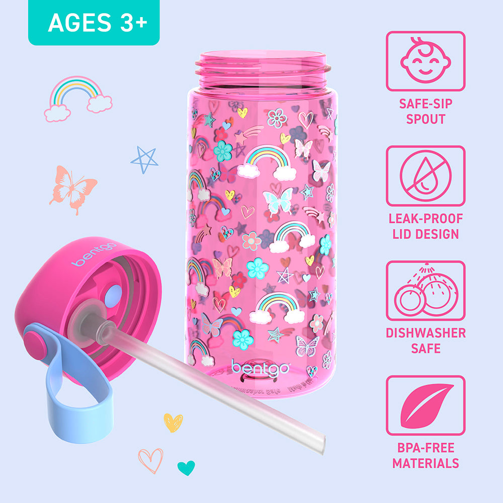 Bentgo® Kids Water Bottle - Rainbows and Butterflies | Safe-Sip Spout, Leak-Proof Lid, Dishwasher Safe, And Made With BPA-Free Materials